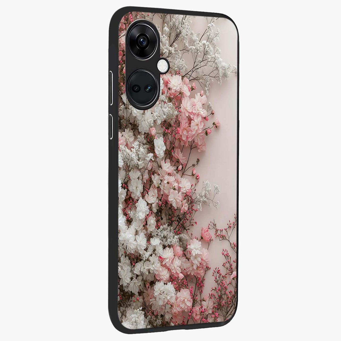 Blush Blossom Cloud Glass Case for 1+Nord Ce 3 side perspective highlighting airy blush detailing and premium build