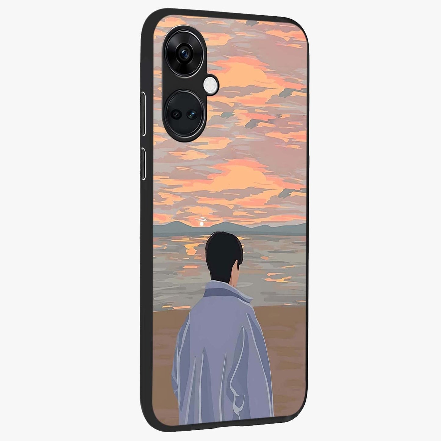 Boy Facing Sunset Beach Glass Case for 1+Nord Ce 3 side perspective highlighting calming sunset gradients and smooth edges