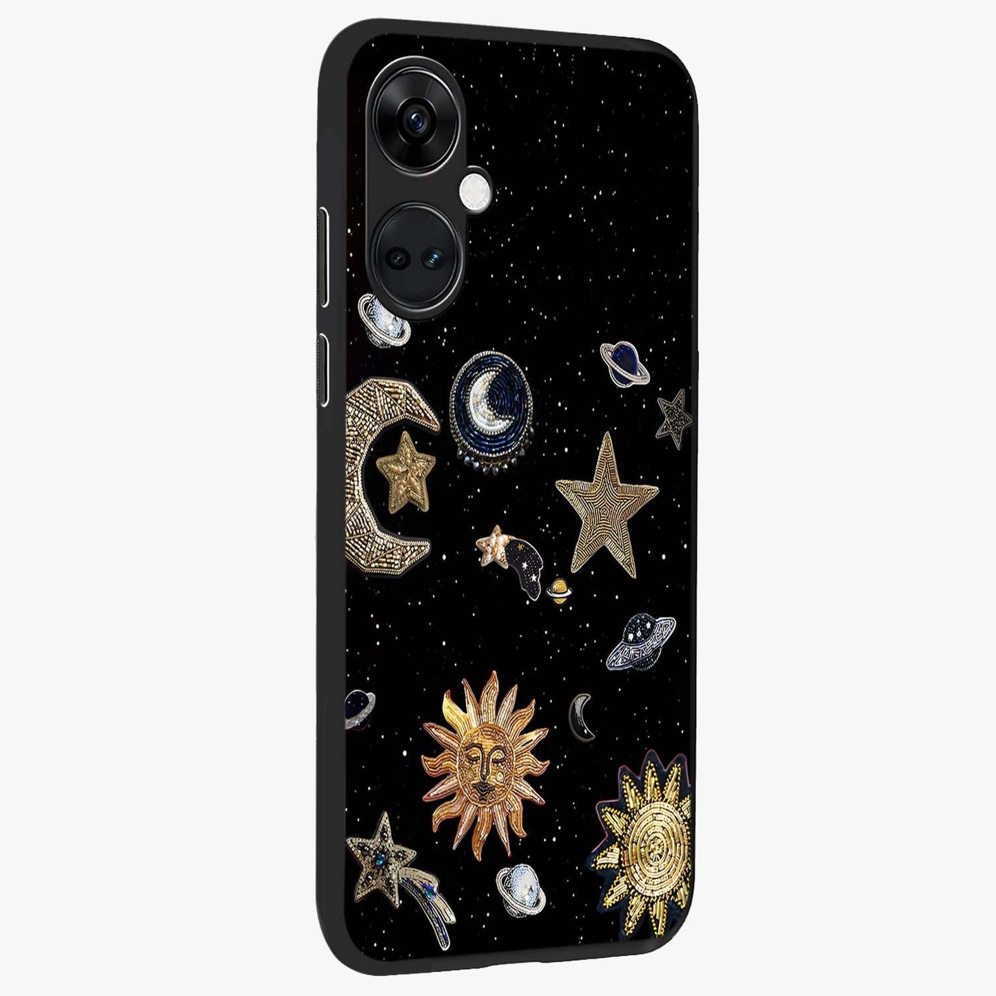 Celestial Star Charm Glass Case for 1+Nord CE 3 side perspective highlighting glowing star detailing and premium build