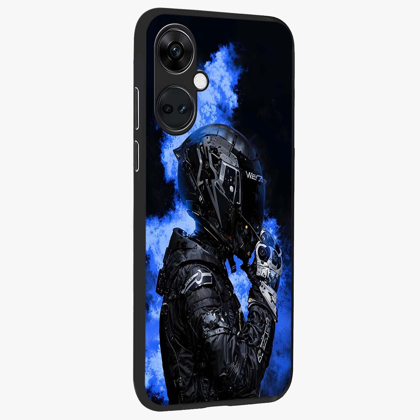 Cyber Sentinel Protocol Glass Case for 1+Nord CE 3 side perspective highlighting sharp digital textures and premium build