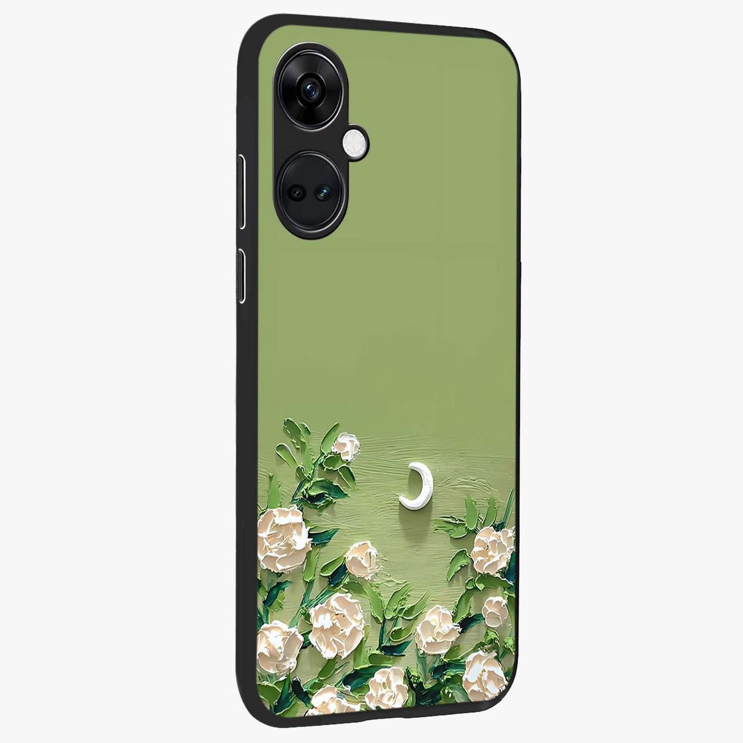 Emerald Bloom Calm Glass Case for 1+Nord CE 3 side perspective highlighting delicate bloom detailing and smooth edges