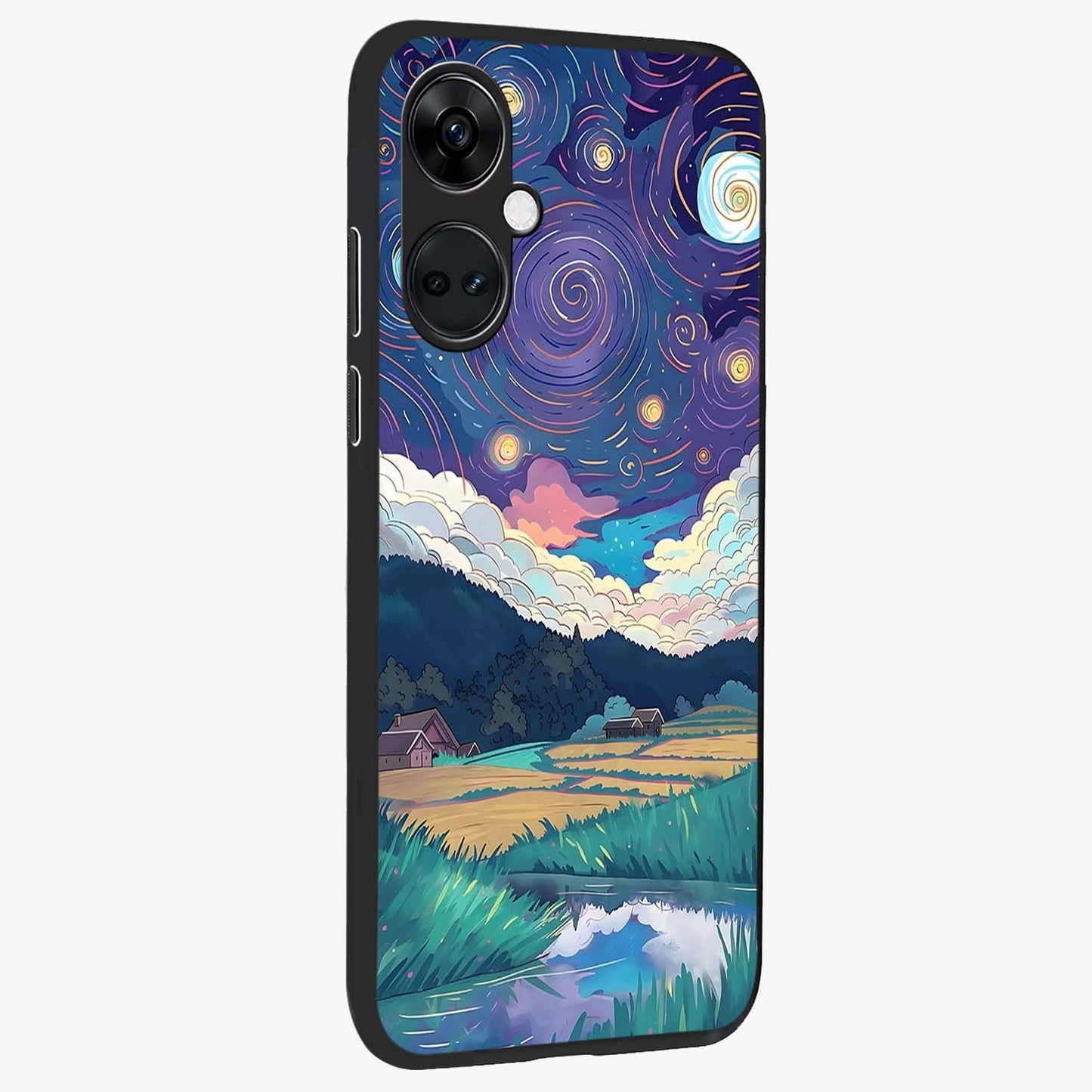 Fields Beneath the Cosmos Glass Case for 1+Nord CE 3 side perspective highlighting serene landscape textures and premium edges