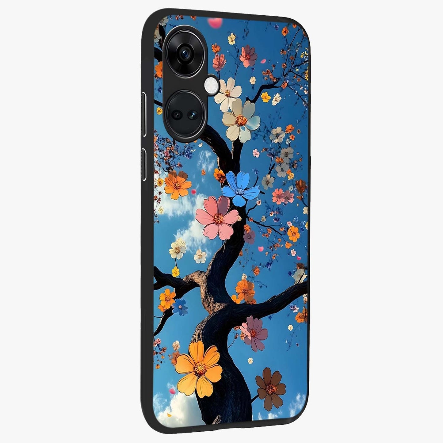Floral Tree Glass Case for 1+Nord CE 3 side perspective highlighting vibrant floral patterns and sleek edges