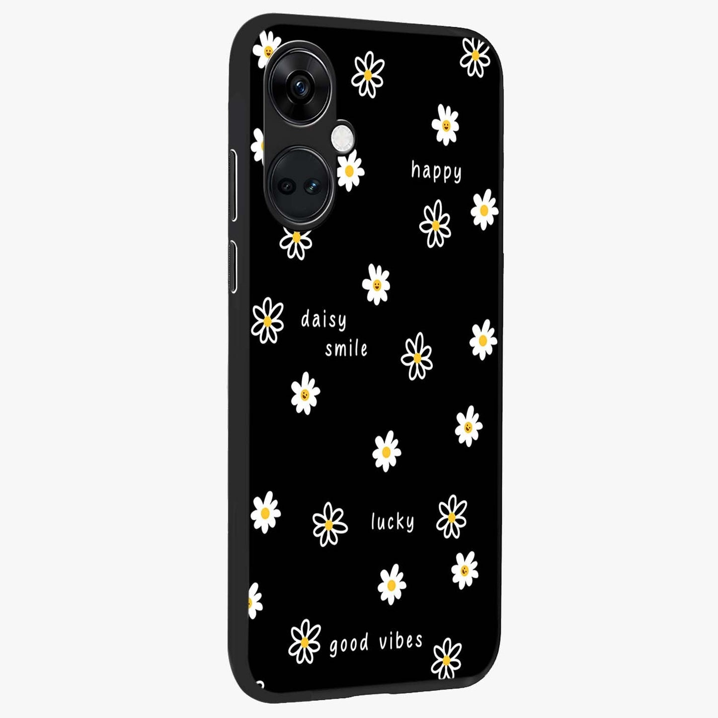 Good Vibes Daisy Black Pattern Glass Case for 1+Nord CE 3 side perspective highlighting playful daisy detailing and smooth edges