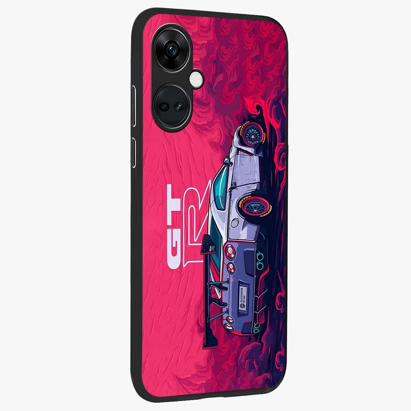 Gt R Car Pattern Glass Case for 1+Nord CE 3 side perspective highlighting dynamic automotive textures and sleek edges