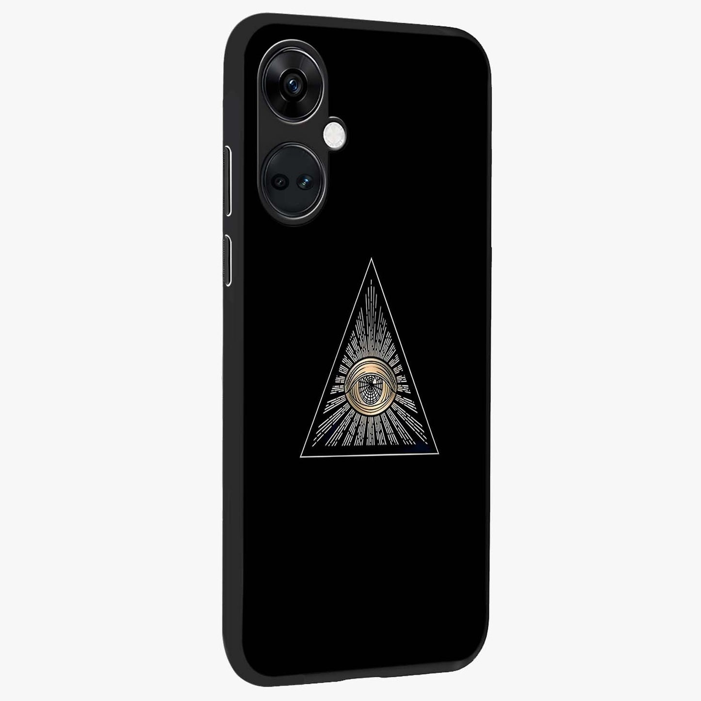 Illuminati Evil Glass Case for 1+Nord CE 3 displayed upright for mysterious statement visibility and premium finish.