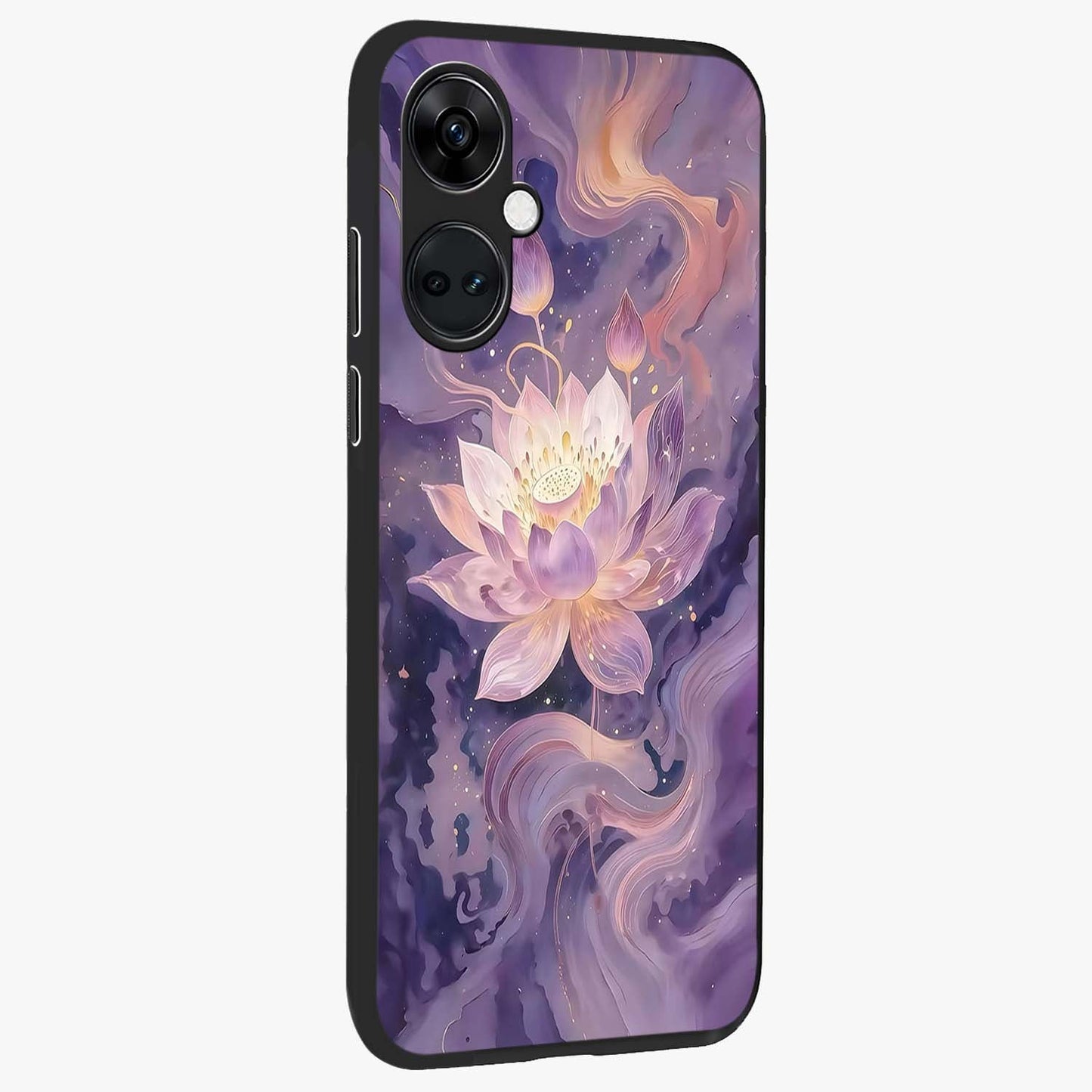 Lavender Lotus Muse Glass Case for 1+Nord CE 3 side perspective highlighting serene lotus textures and premium edges