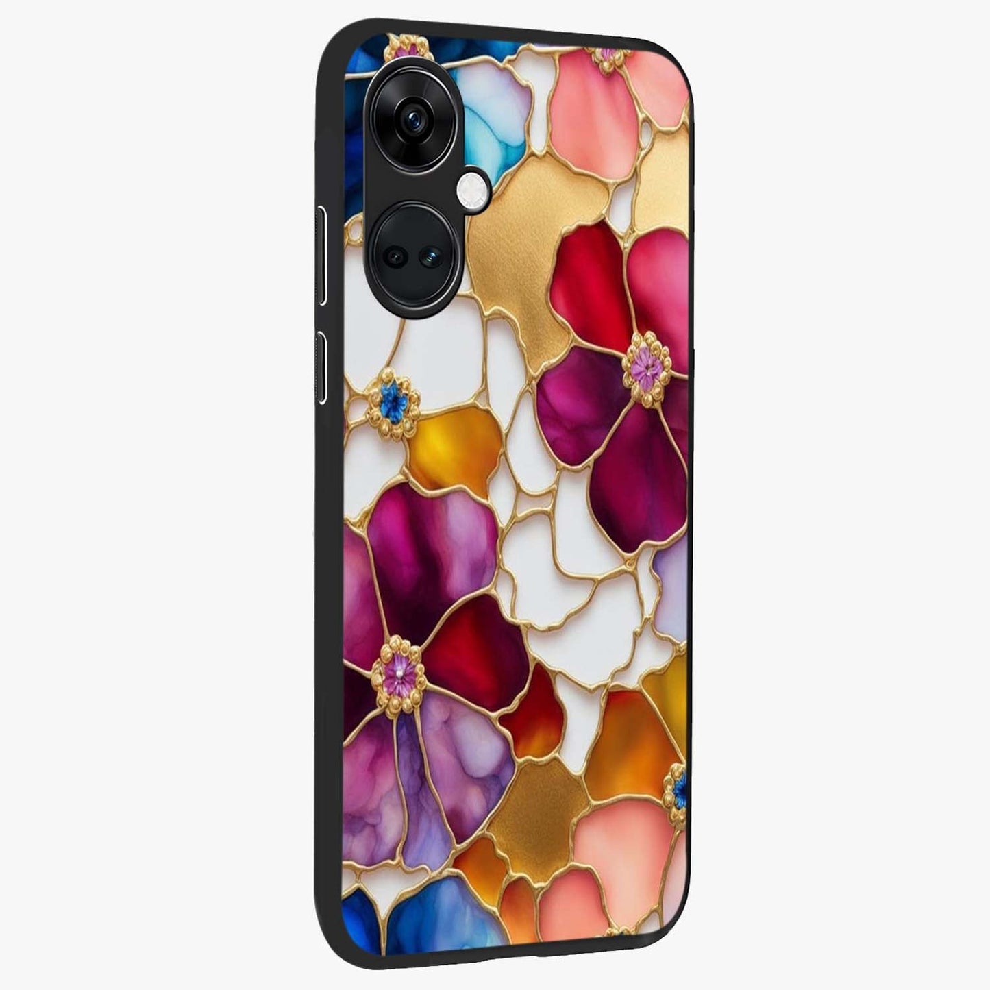 Marble Flower Pattern Glass Case for 1+Nord CE 3 side perspective highlighting elegant marble textures and sleek build