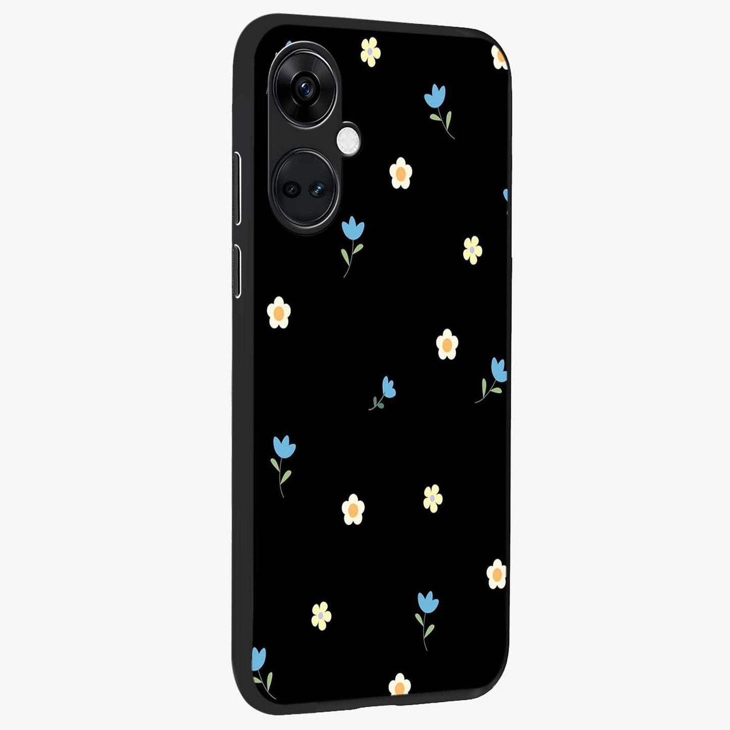 Minimalistic Blue With White Flower Pattern Glass Case for 1+Nord Ce 3 side perspective highlighting subtle floral textures and premium edges