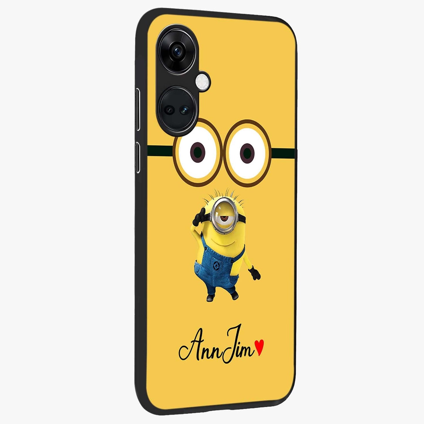 Minion Custom Name Glass Case for 1+Nord Ce 3 side perspective highlighting custom typography and smooth premium build