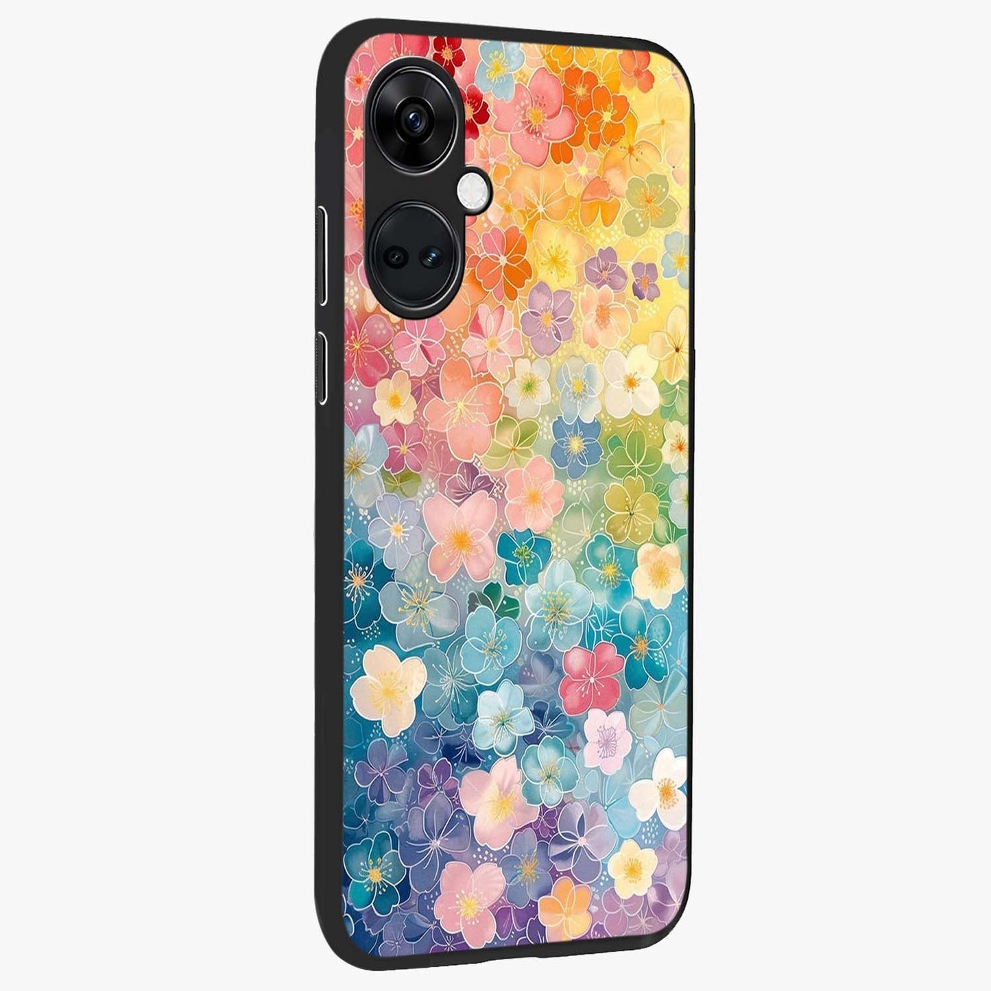 Multiple Background With Flower Glass Case for 1+Nord CE 3 side perspective highlighting rich floral textures and premium edges