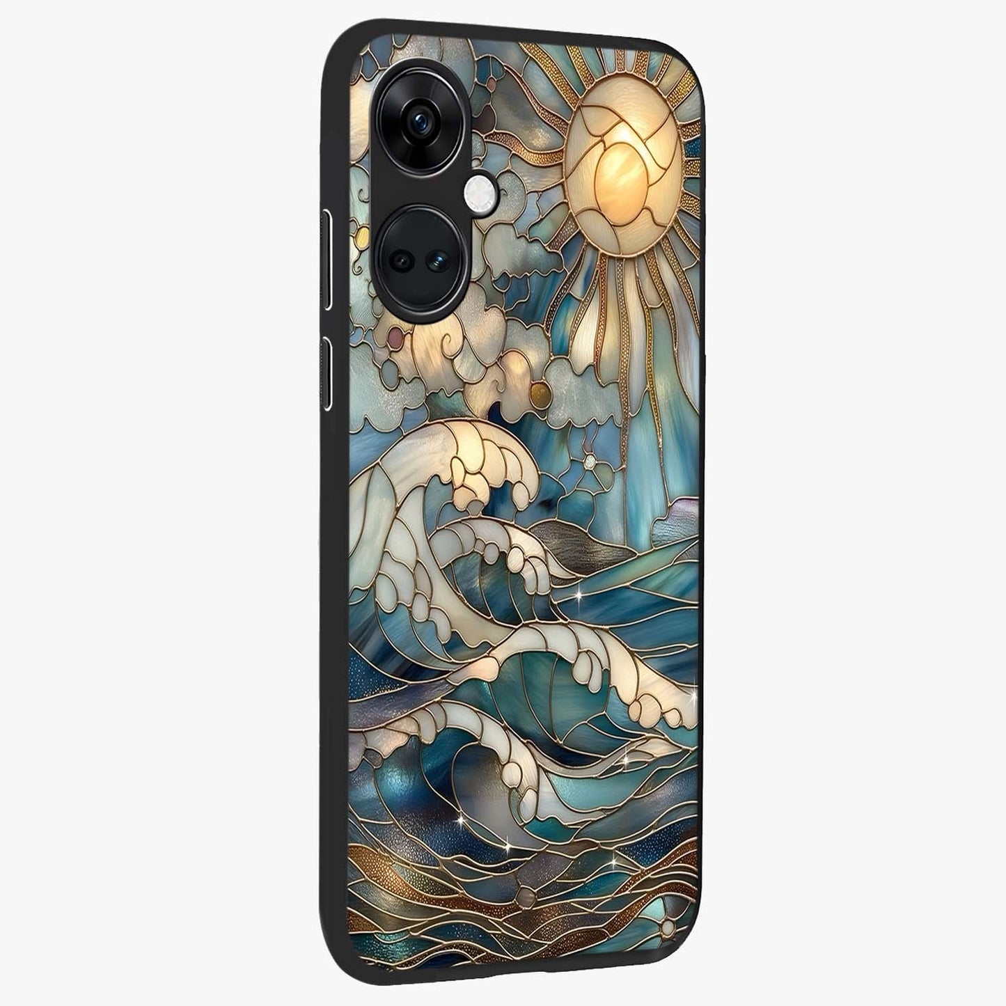 Ocean Mosaic Art Glass Case for 1+Nord Ce 3 side perspective highlighting intricate tile textures and smooth build