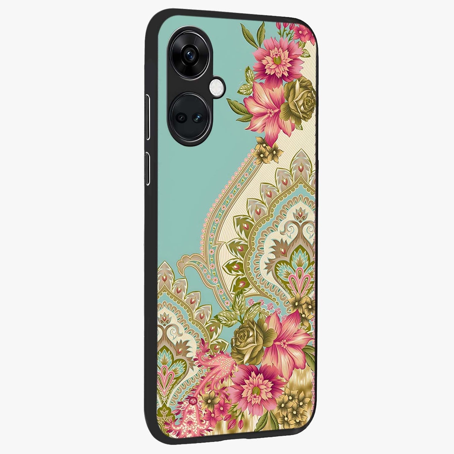 Ornate Mughal Floral Pattern Glass Case for 1+Nord Ce 3 side perspective highlighting detailed ornamental textures and sleek build