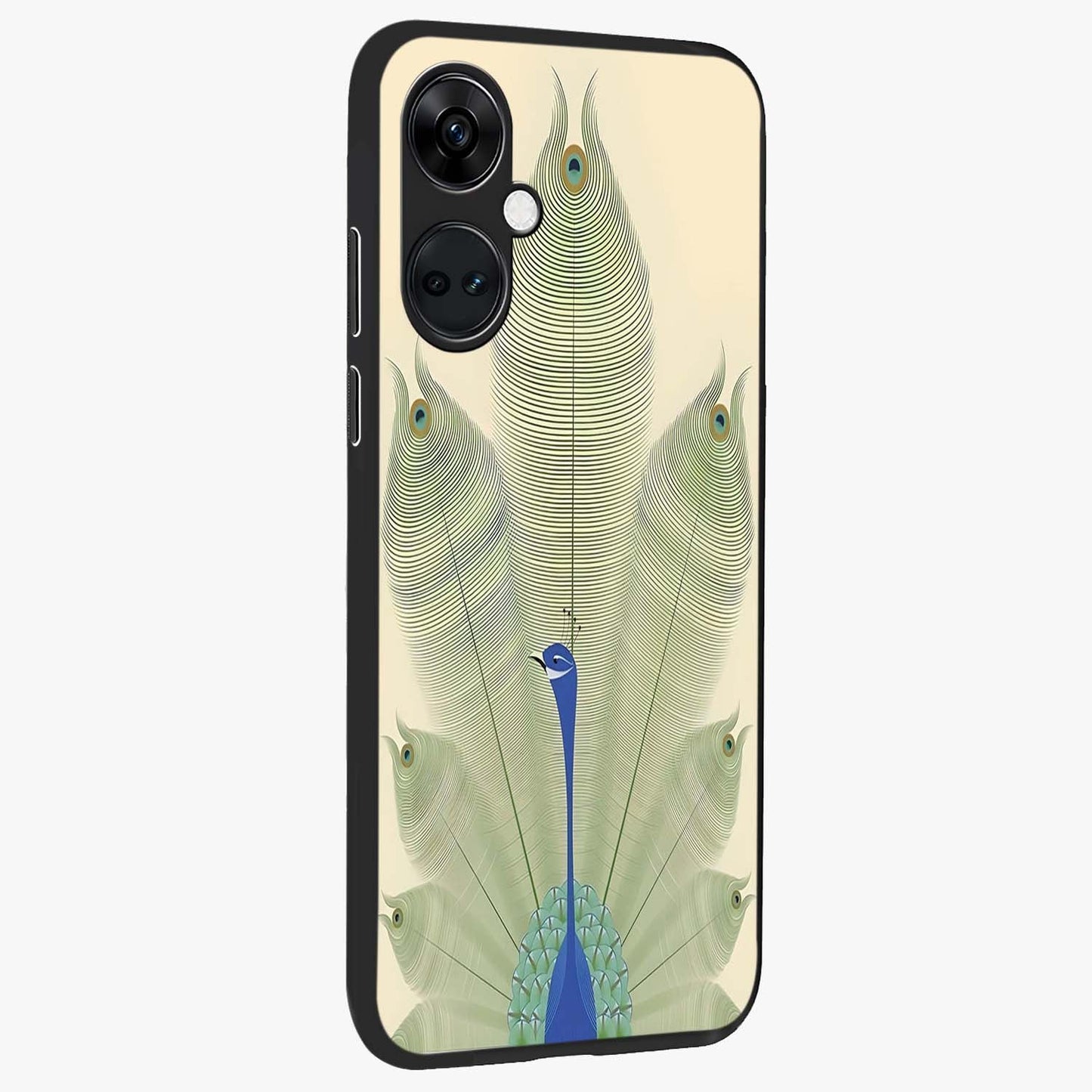 Peacock Feather Grace Glass Case for 1+Nord Ce 3 side perspective highlighting intricate plume textures and premium edges