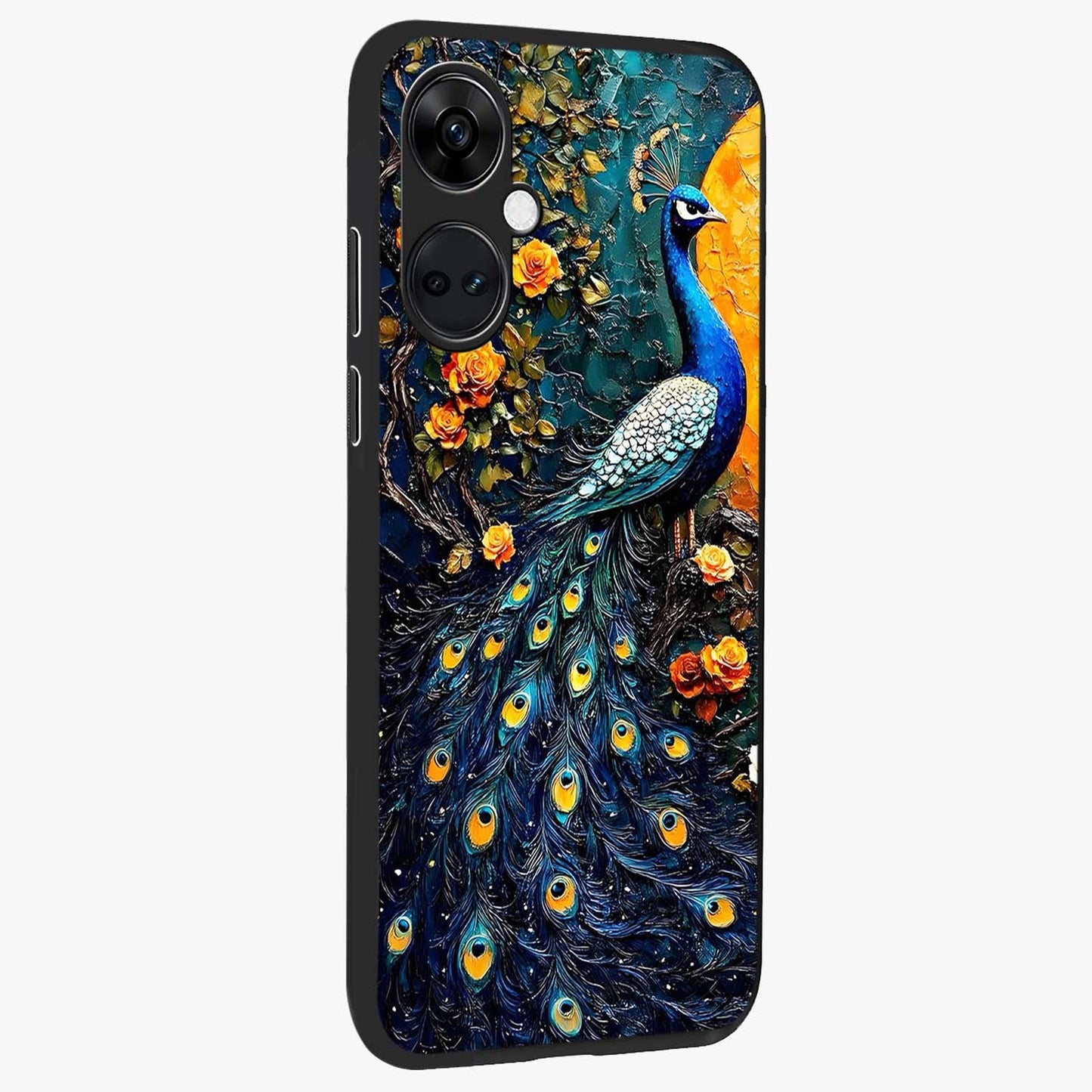 Peacock With Yellow Moon Glass Case for 1+Nord CE 3 side perspective highlighting vibrant plumage detailing and premium edges