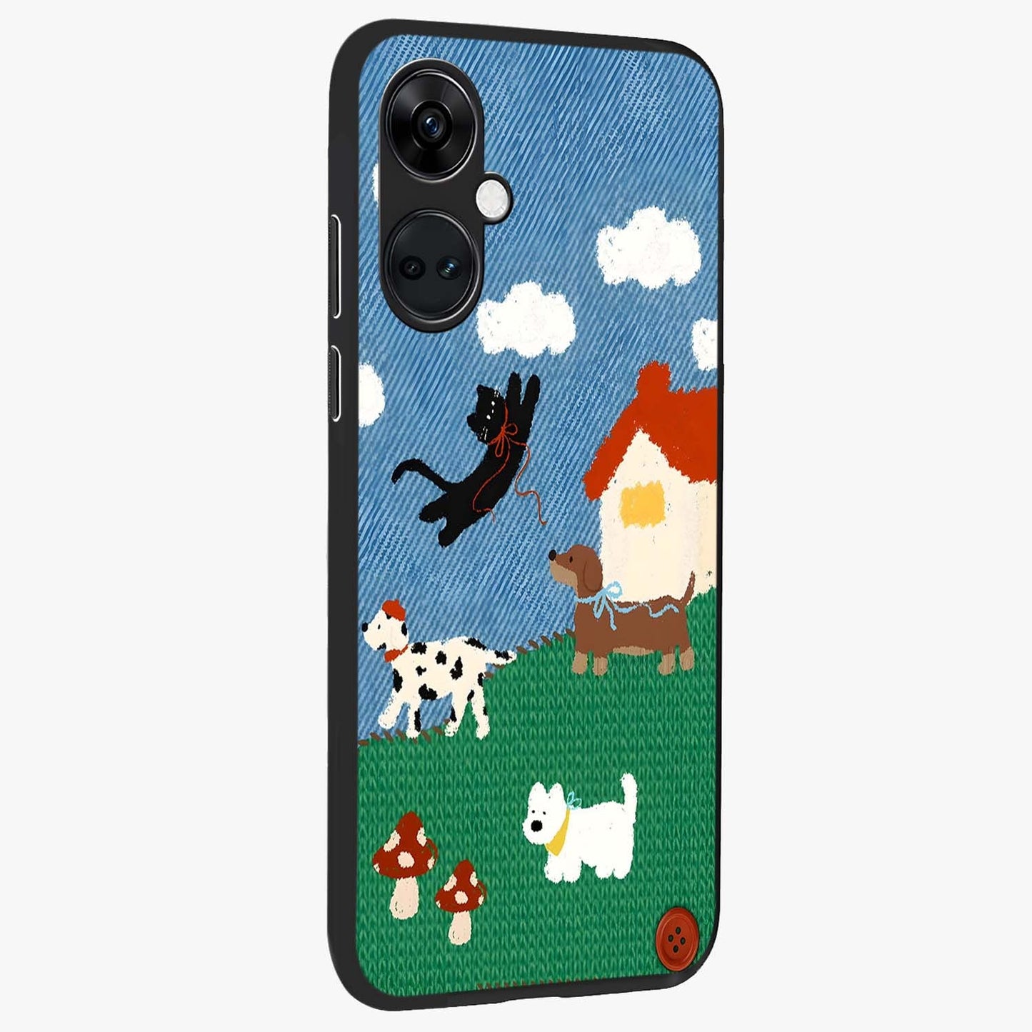 Pet Adventures Glass Case for 1+Nord Ce 3 side perspective highlighting charming illustration textures and premium edges