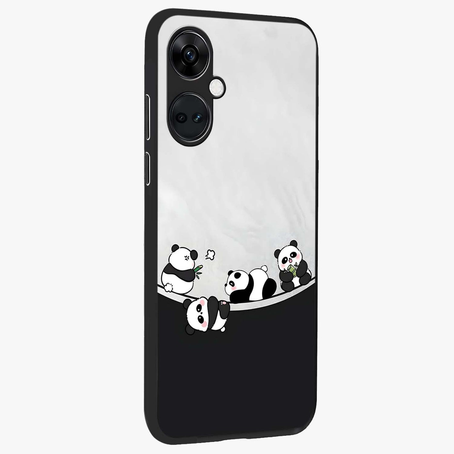 Playful Panda Parade Glass Case for 1+Nord Ce 3 side perspective highlighting charming detailing and premium edges
