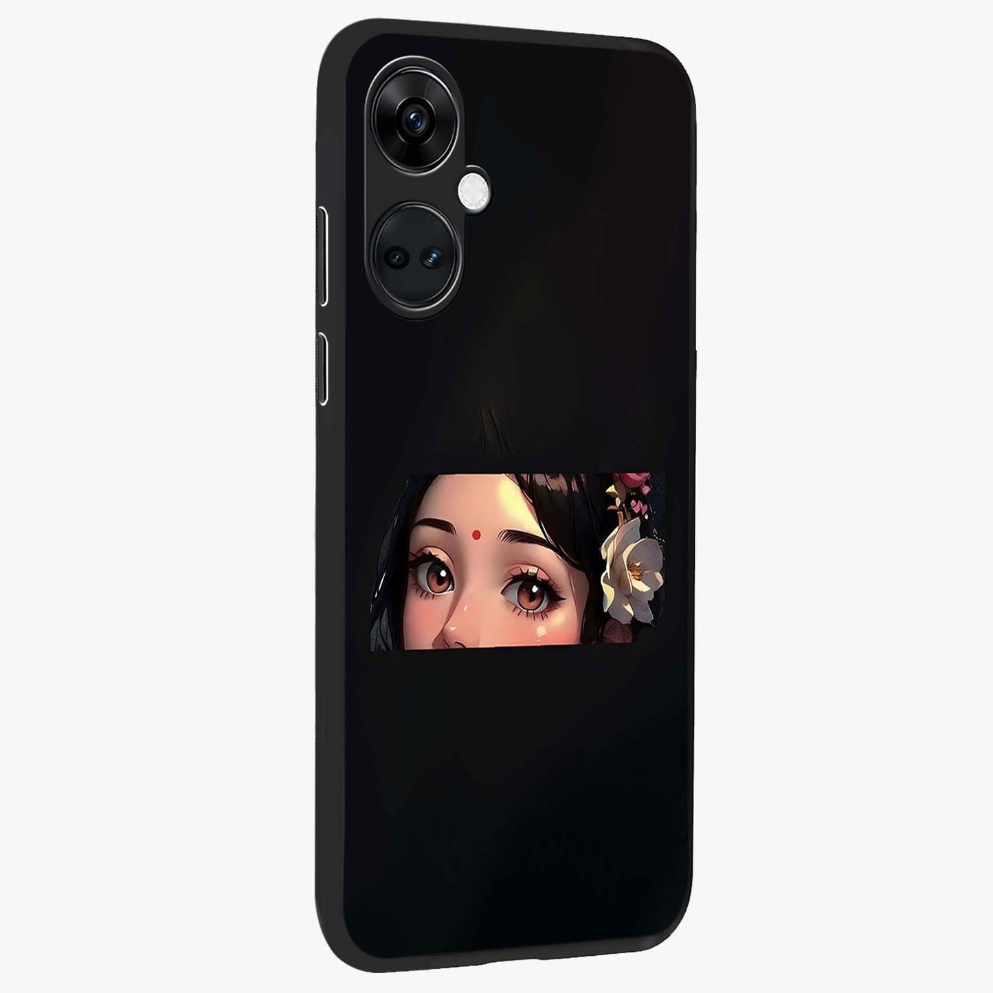 Radha Divine Embrace Glass Case for 1+Nord Ce 3 side perspective highlighting intricate divine detailing and premium edges