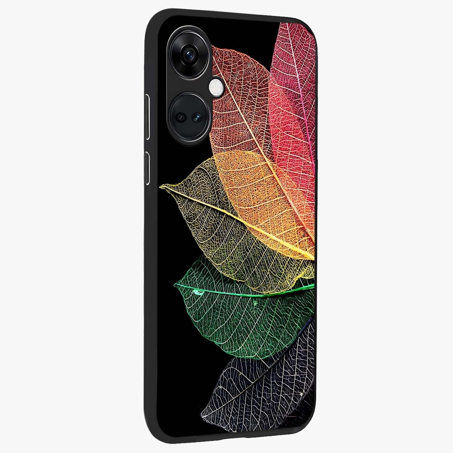 Rainbow Leaf Glow Glass Case for 1+Nord Ce 3 side perspective highlighting bright detailing and premium edge finish