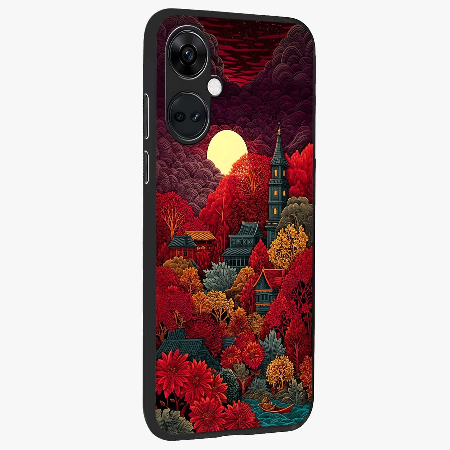 Red Scenery Hot Glass Case for 1+Nord Ce 3 side perspective highlighting vivid gradient textures and smooth build