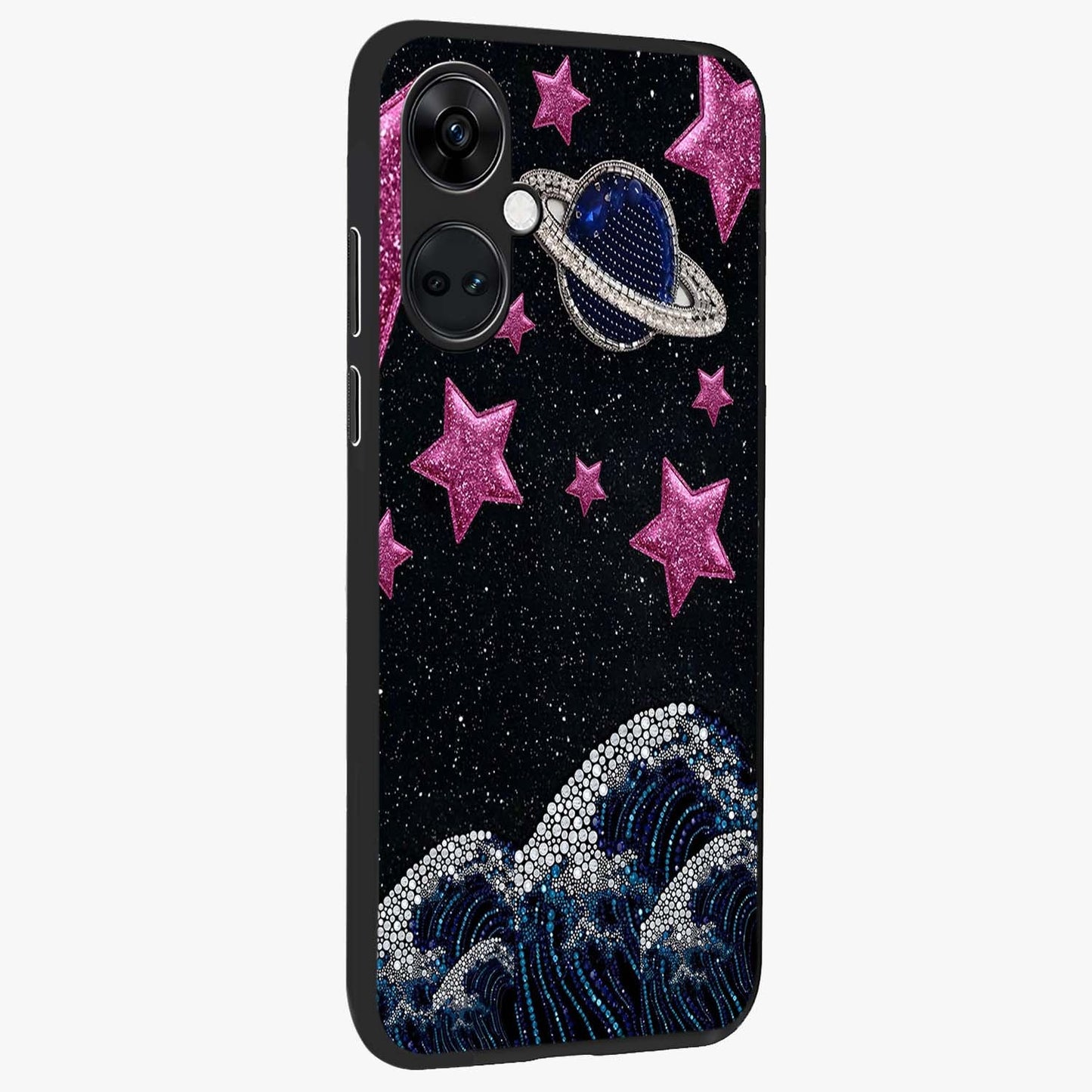 Saturn Pink Storm Glass Case for 1+Nord CE 3 side perspective highlighting planetary textures and premium edges