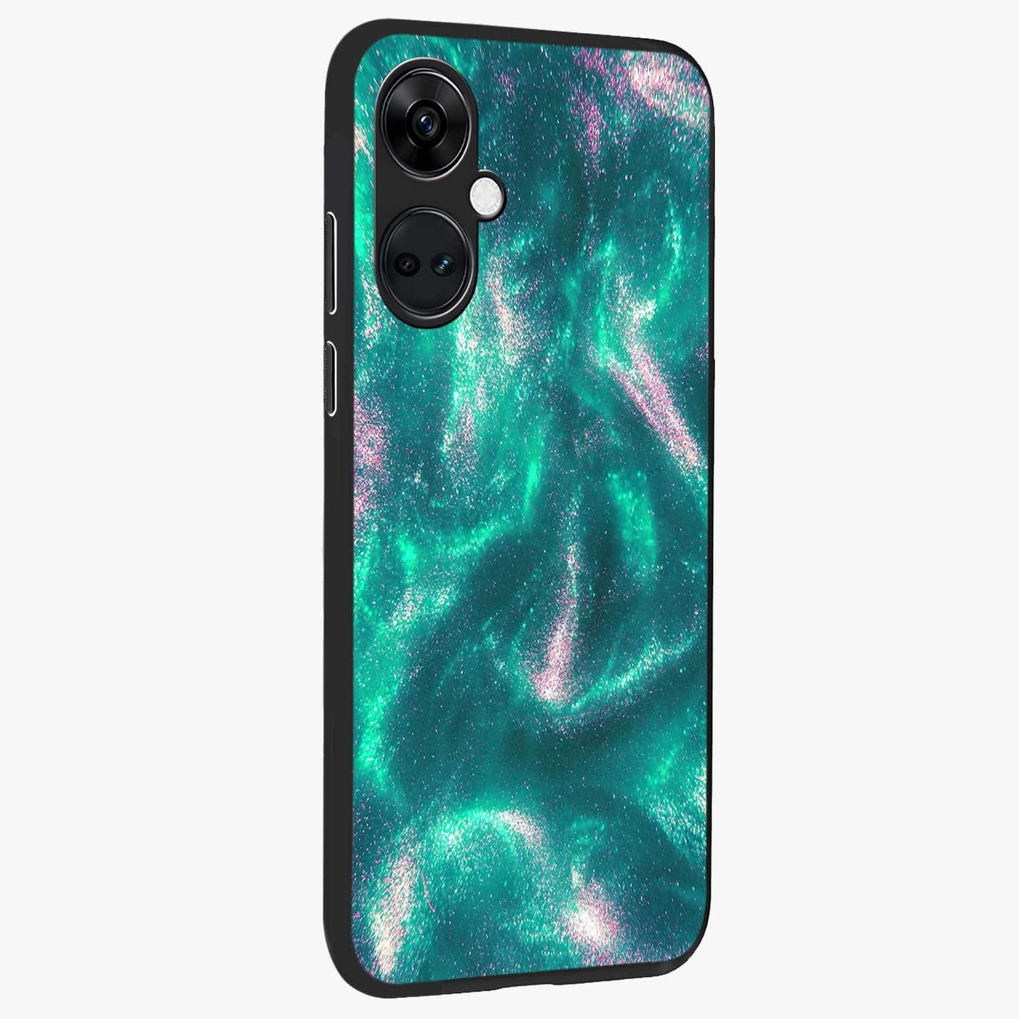 Shimmering Nebula Waves Glass Case for 1+Nord Ce 3 side perspective highlighting luminous textures and smooth build