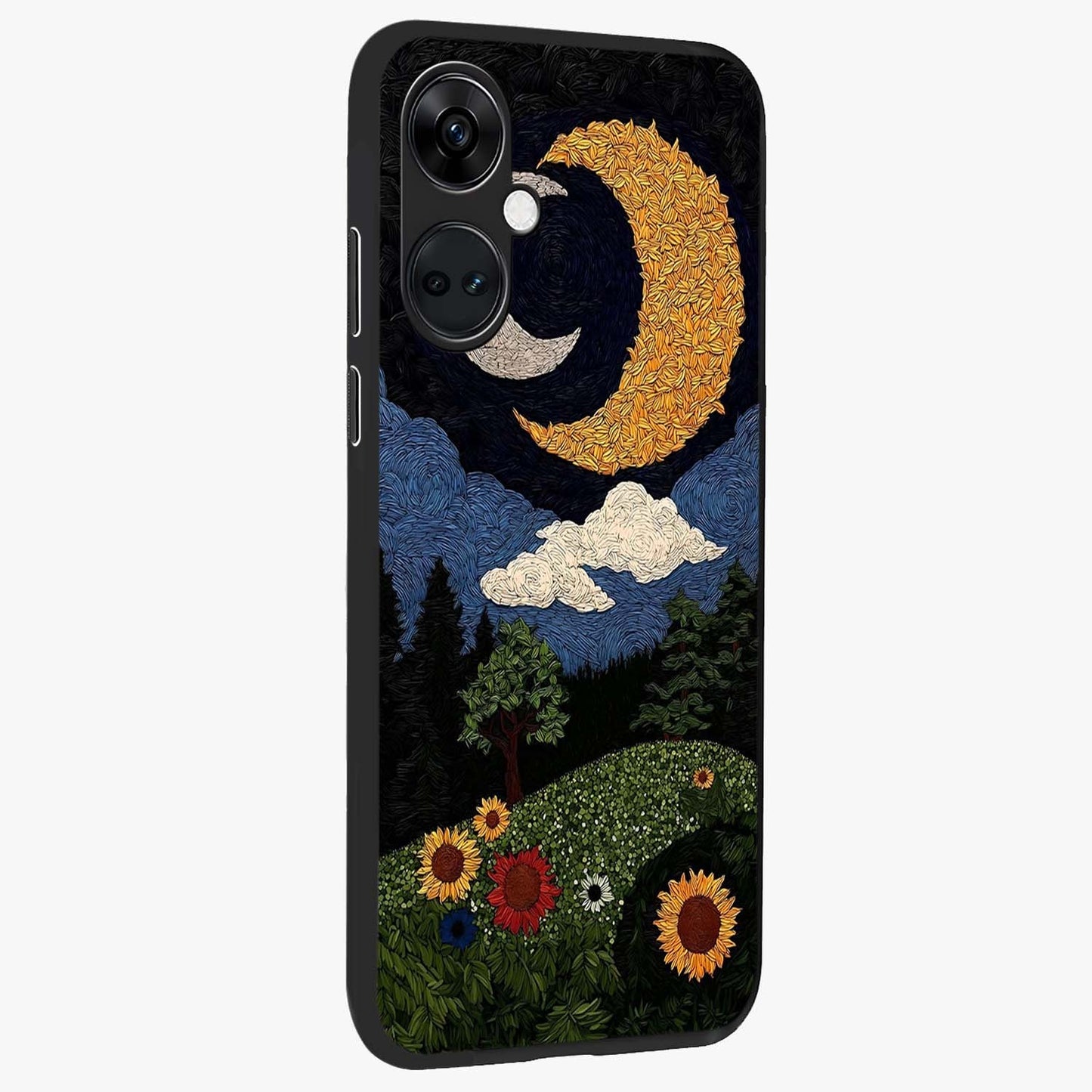 Sun and Moon Magic Design Glass Case for 1+Nord Ce 3 side perspective highlighting celestial detailing and premium edges