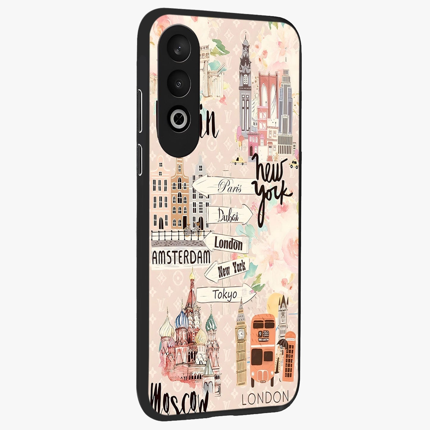 Aesthetic Travel Glass Case for 1+Nord Ce 4 side perspective highlighting bold travel graphic details