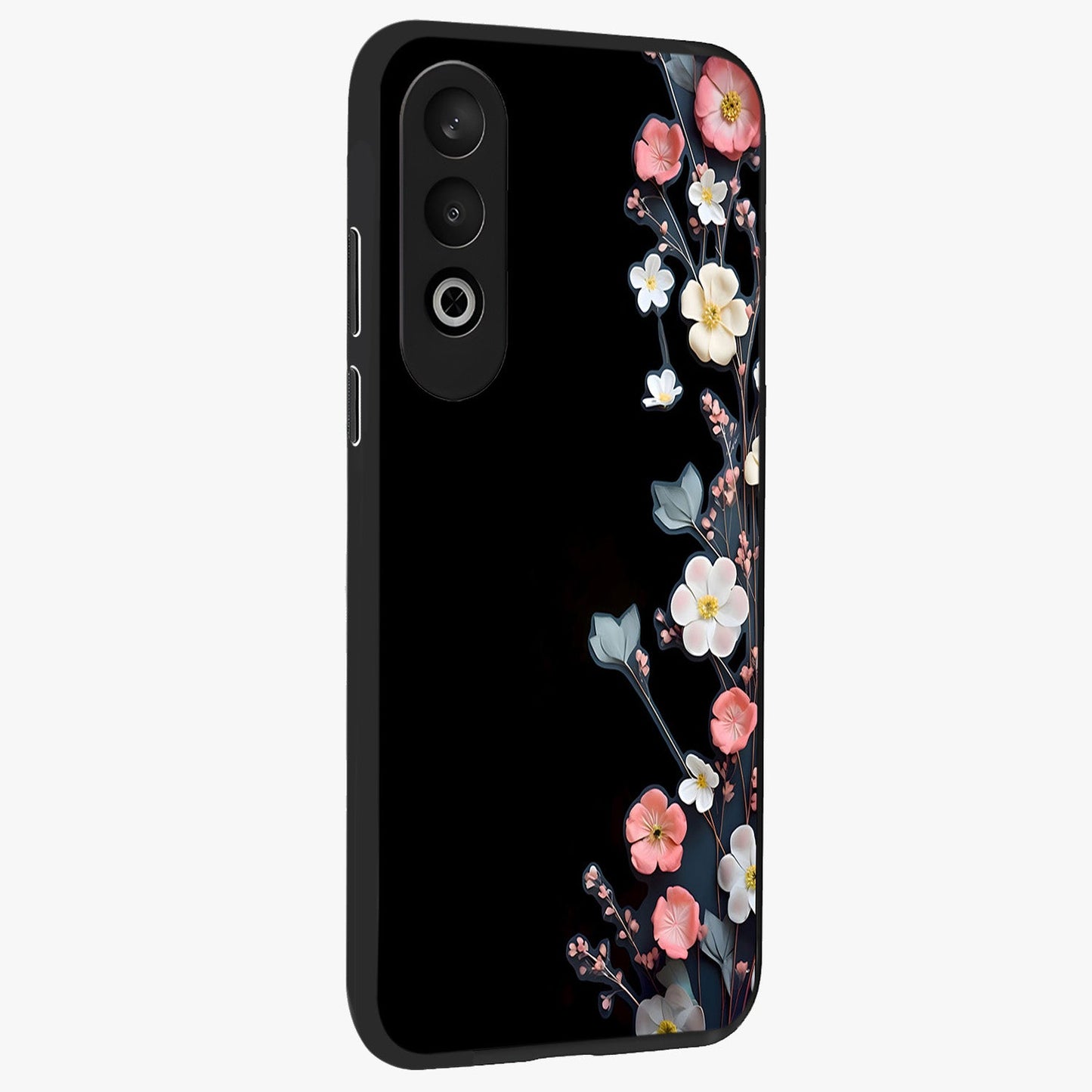 Black Elegance Floral Custom Name Glass Case for 1+Nord Ce 4 side perspective highlighting elegant floral detailing and premium edges