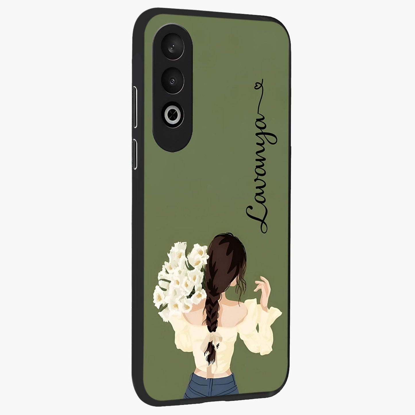 Braided Spring Beauty With Custom Name Glass Case for 1+Nord Ce 4 side perspective highlighting custom name typography and smooth edges