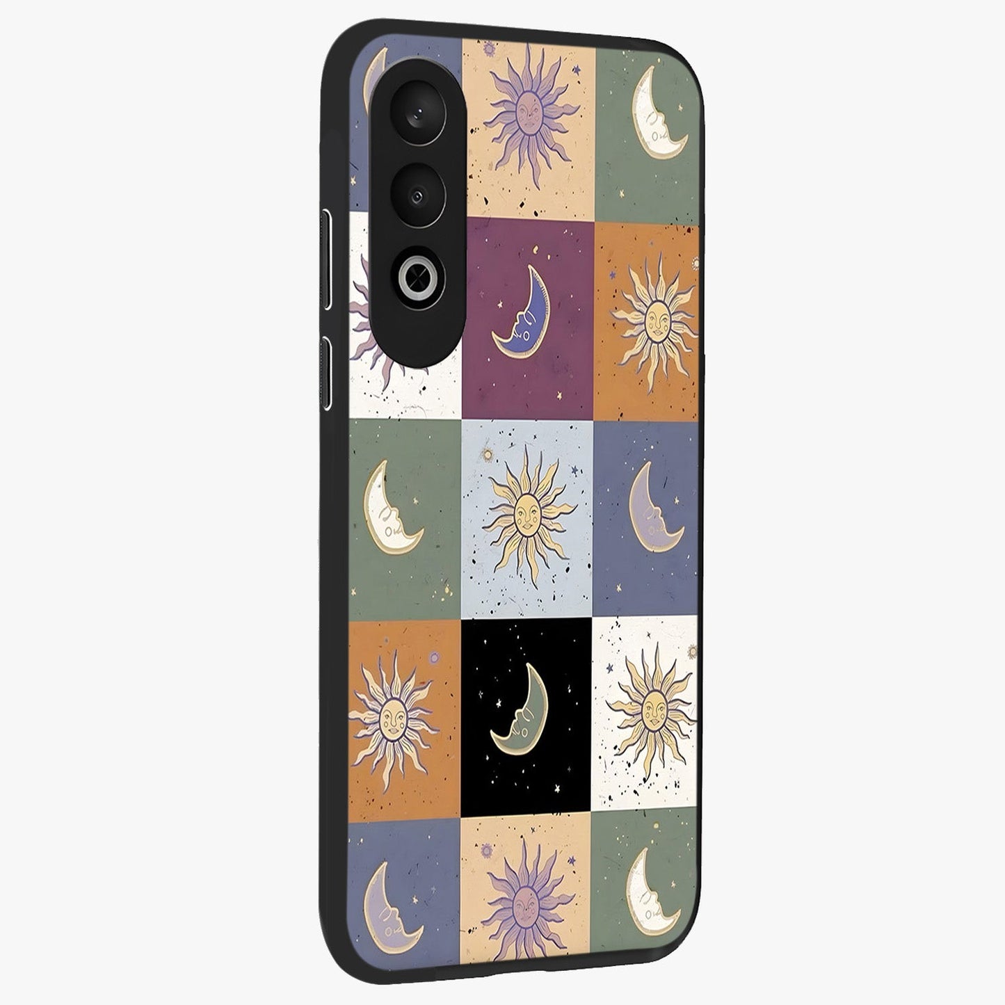 Celestial Patchwork Dreams Glass Case for 1+Nord CE 4 side perspective highlighting vibrant patchwork detailing and sleek edges