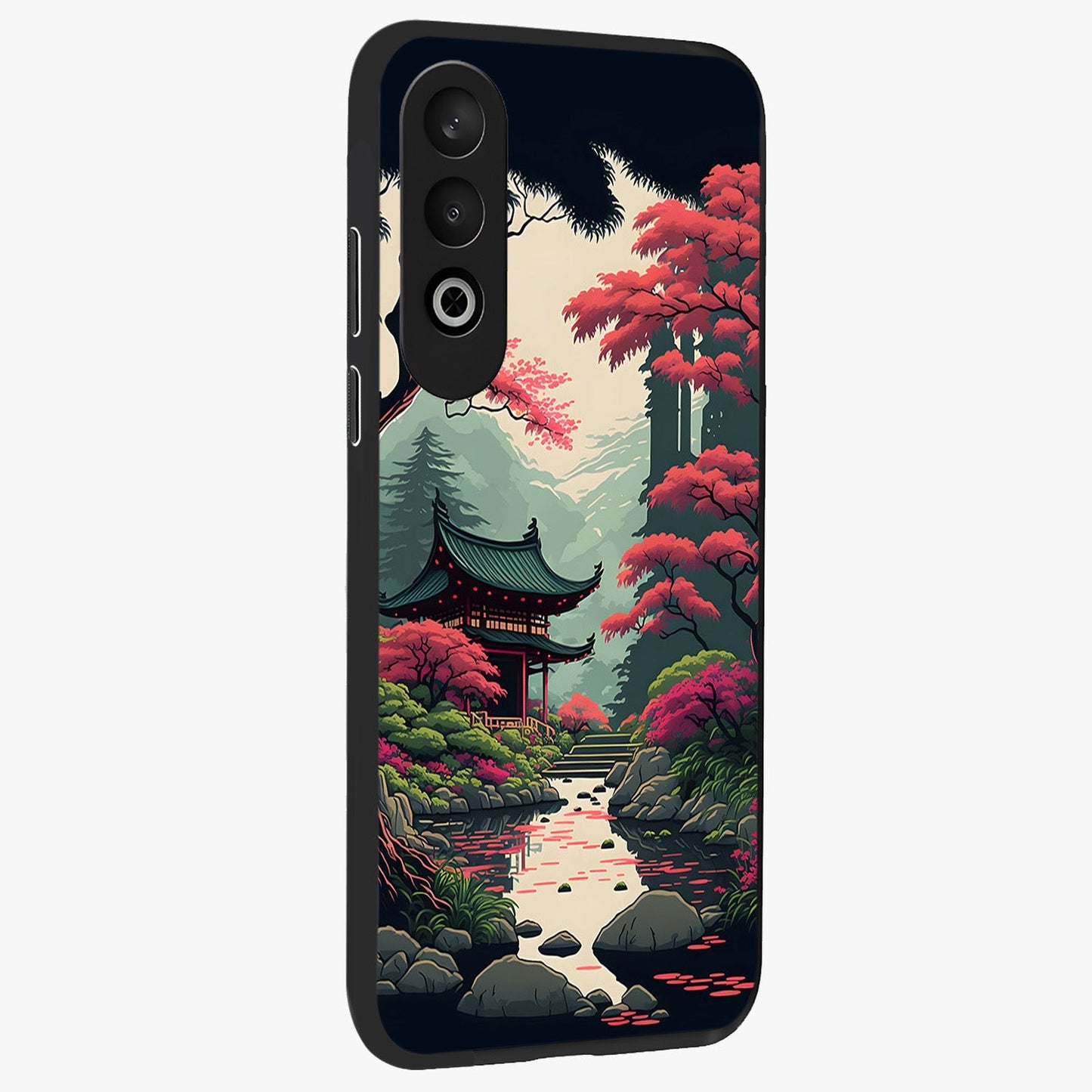 Crimson Temple View Glass Case for 1+Nord Ce 4 side perspective highlighting cultural textures and premium edge finish