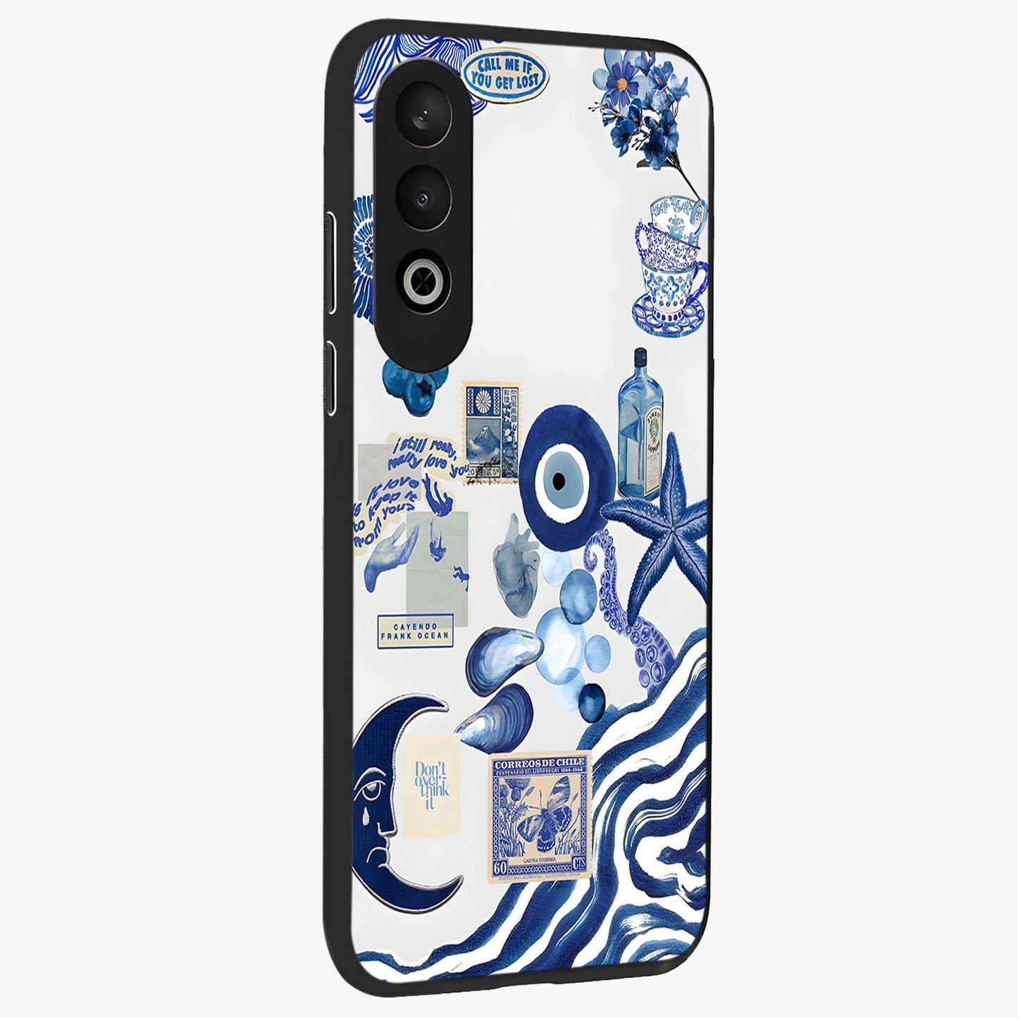 Evil Eyes Dark Blue Glass Case for 1+Nord Ce 4 side perspective highlighting intense blue detailing and premium build