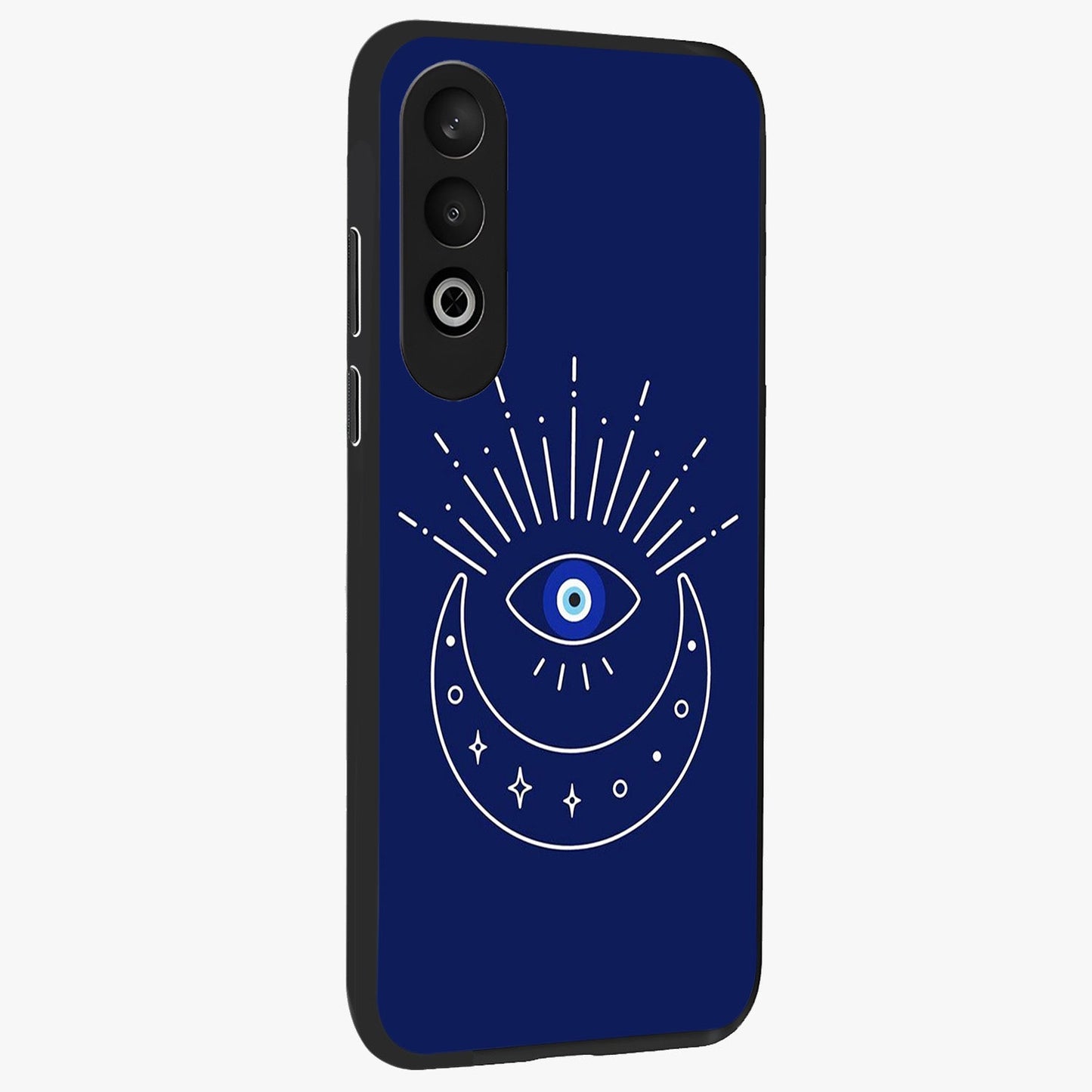 Evil Eye With Blue Themed Collage Glass Case for 1+Nord CE 4 side perspective highlighting bold collage detailing and smooth edges