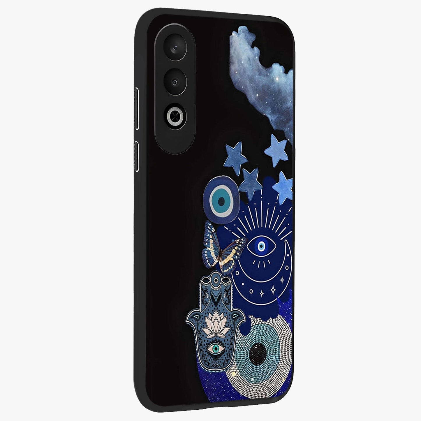 Galactic Charm Cluster Glass Case for 1+Nord Ce 4 side perspective highlighting glowing textures and premium edge finish