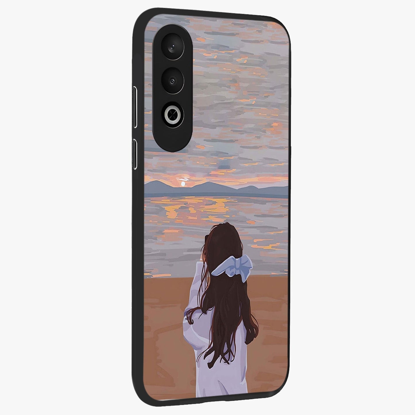 Girl Facing Sunset Beach Glass Case for 1+Nord CE 4 side perspective highlighting calming sunset gradients and smooth edges