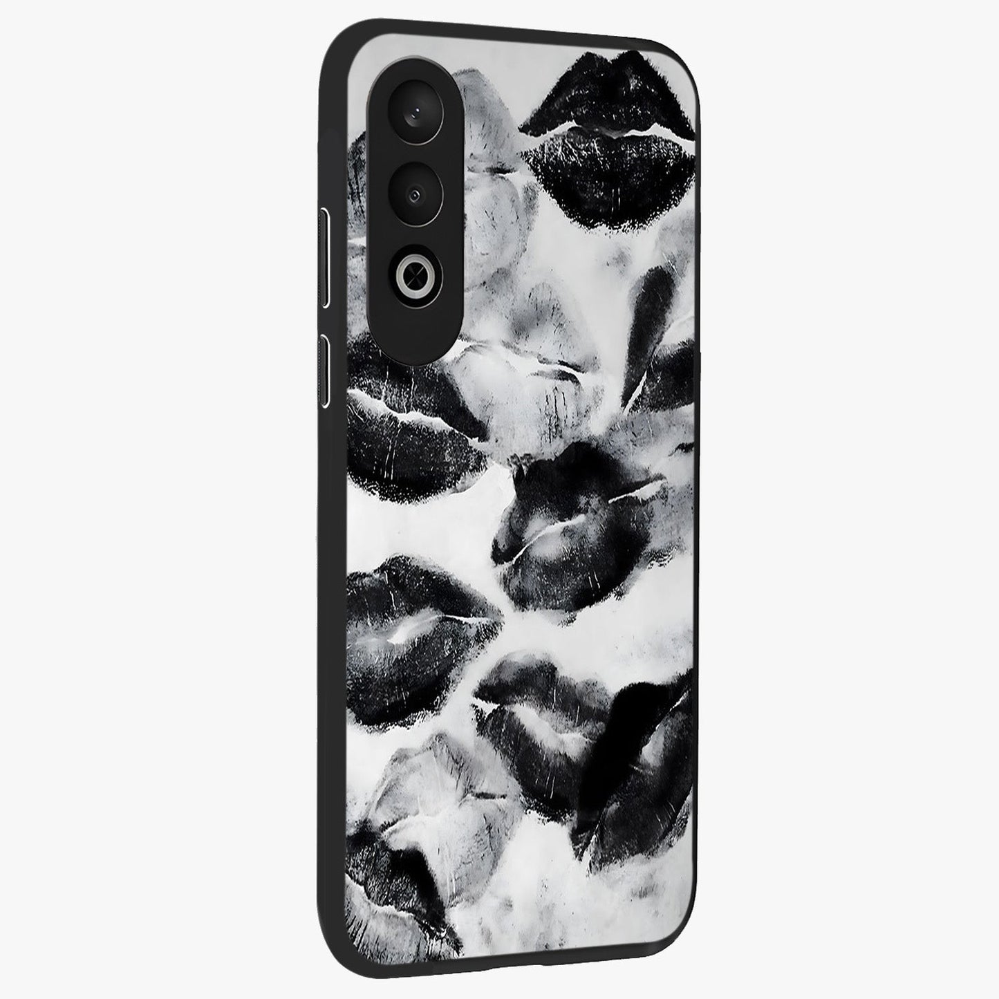Midnight Kiss Marks Glass Case for 1+Nord CE 4 side perspective highlighting playful detailing and premium edge finish
