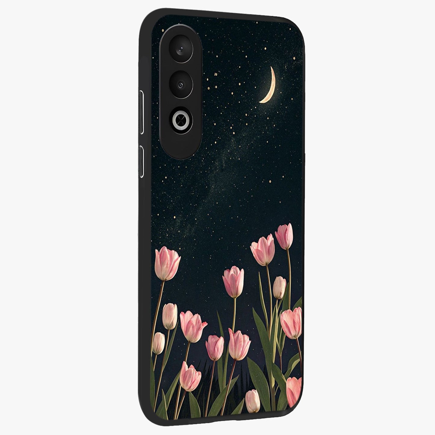 Midnight Tulip Whispers Vibe Glass Case for 1+Nord CE 4 side perspective highlighting graceful floral textures and premium edges