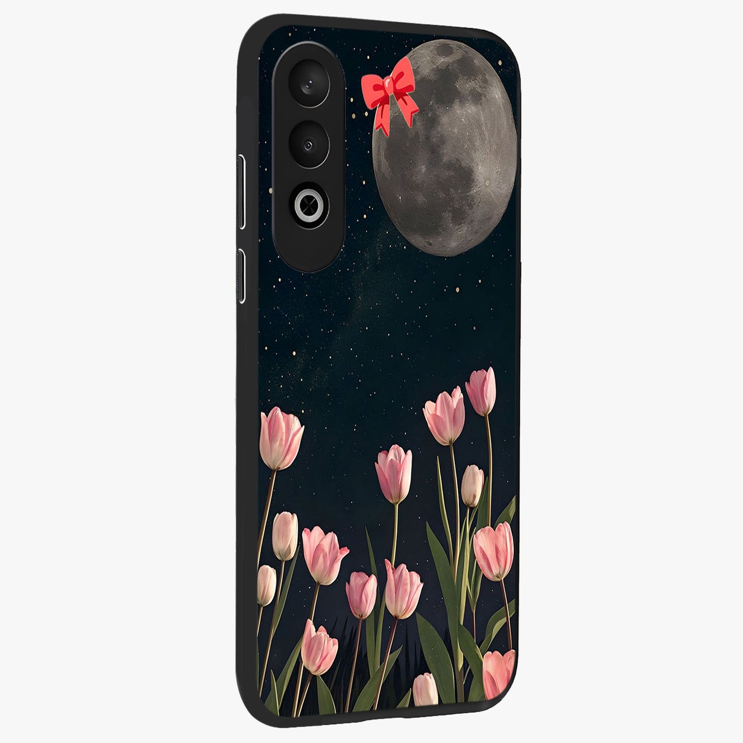 Moonlit Night Tulip Glass Case for 1+Nord CE 4 side perspective highlighting delicate petal textures and sleek build