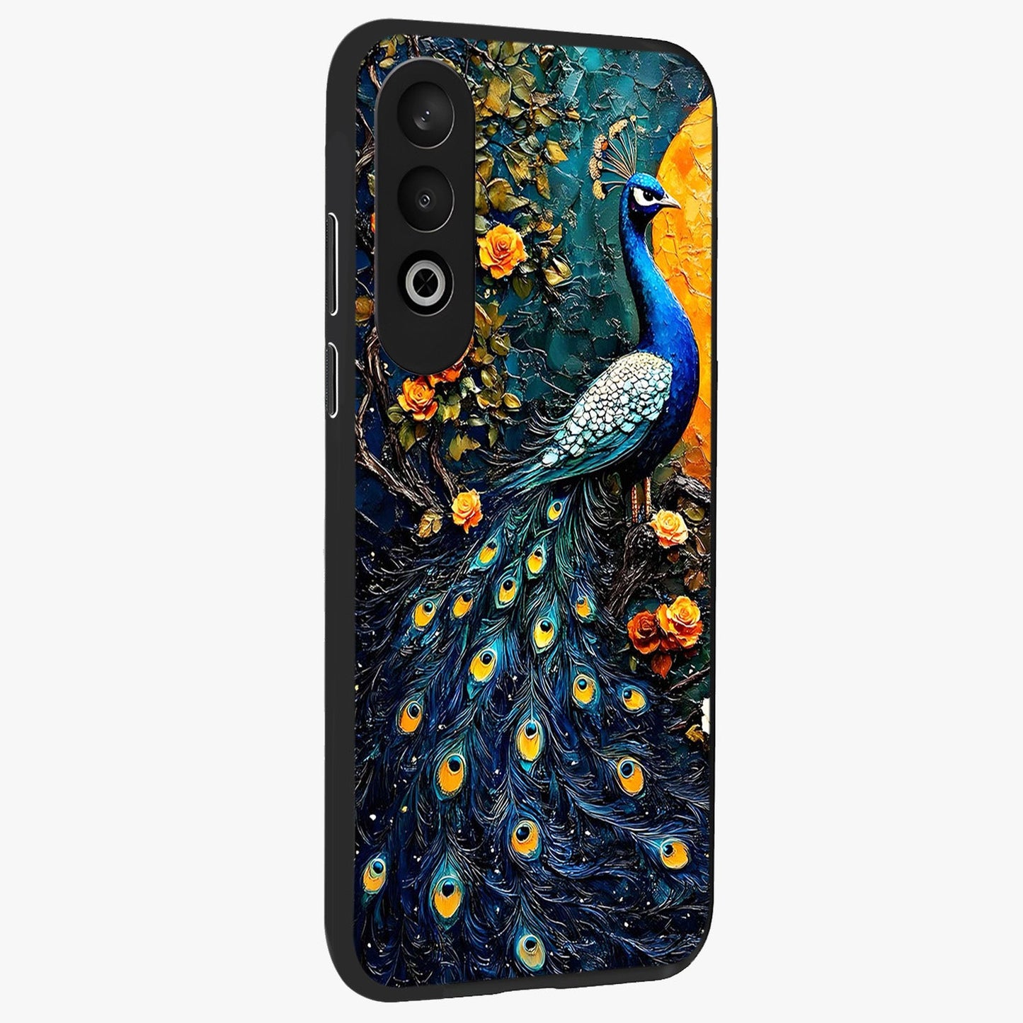 Peacock With Yellow Moon Glass Case for 1+Nord CE 4 side perspective highlighting vibrant plumage detailing and premium edges