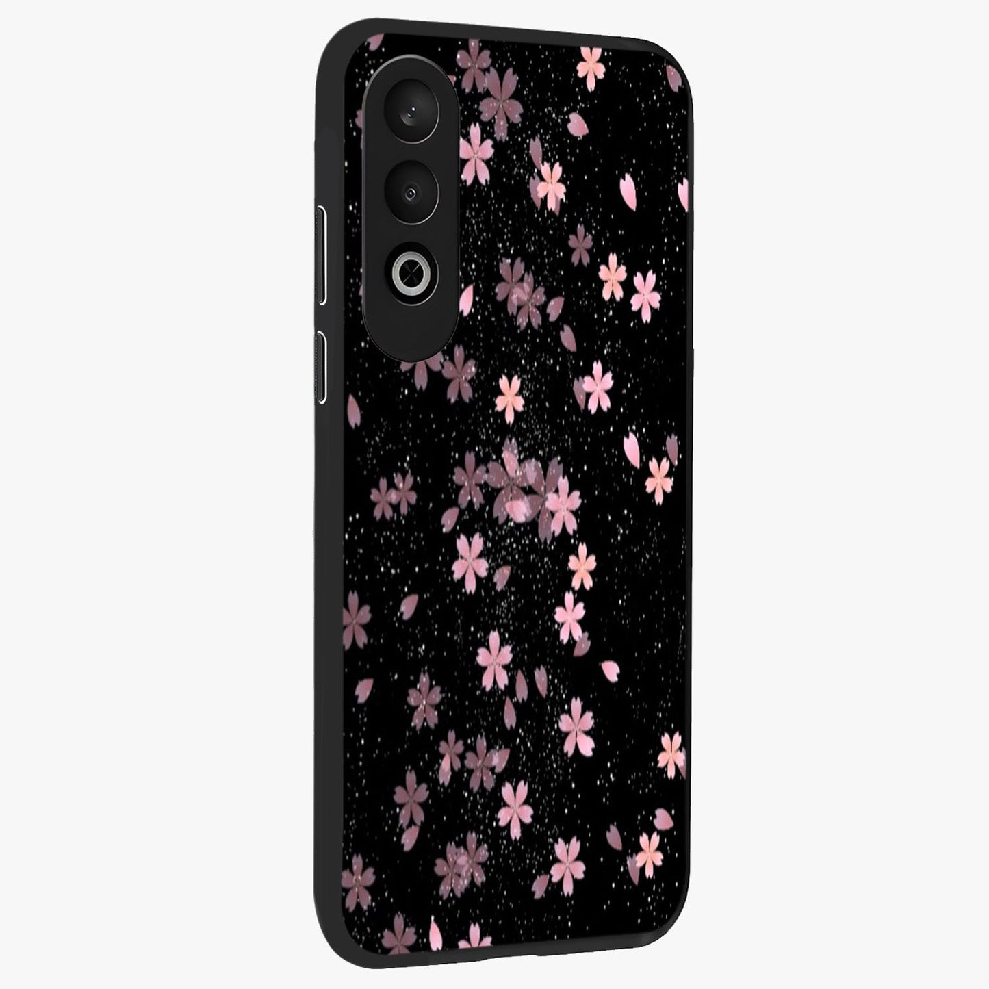 Pink Flower Black Background Glass Case for 1+Nord CE 4 side perspective highlighting vivid bloom textures and sleek build