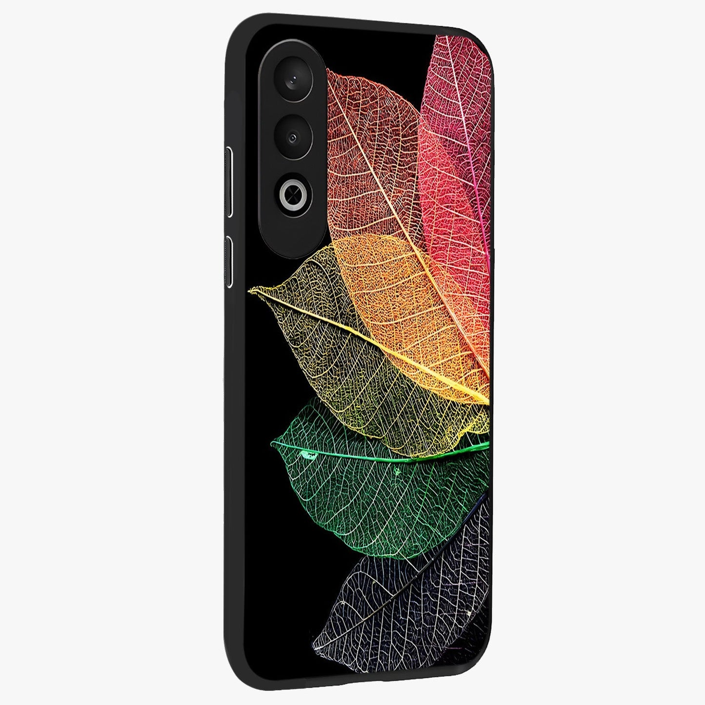 Rainbow Leaf Glow Glass Case for 1+Nord CE 4 side perspective highlighting bright detailing and premium edge finish