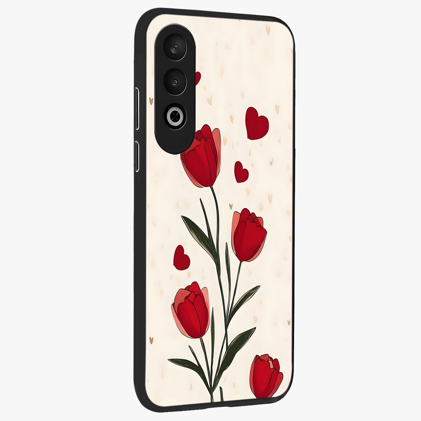 Romantic Tulip Hearts Glass Case for 1+Nord CE 4 side perspective highlighting delicate bloom textures and premium edges