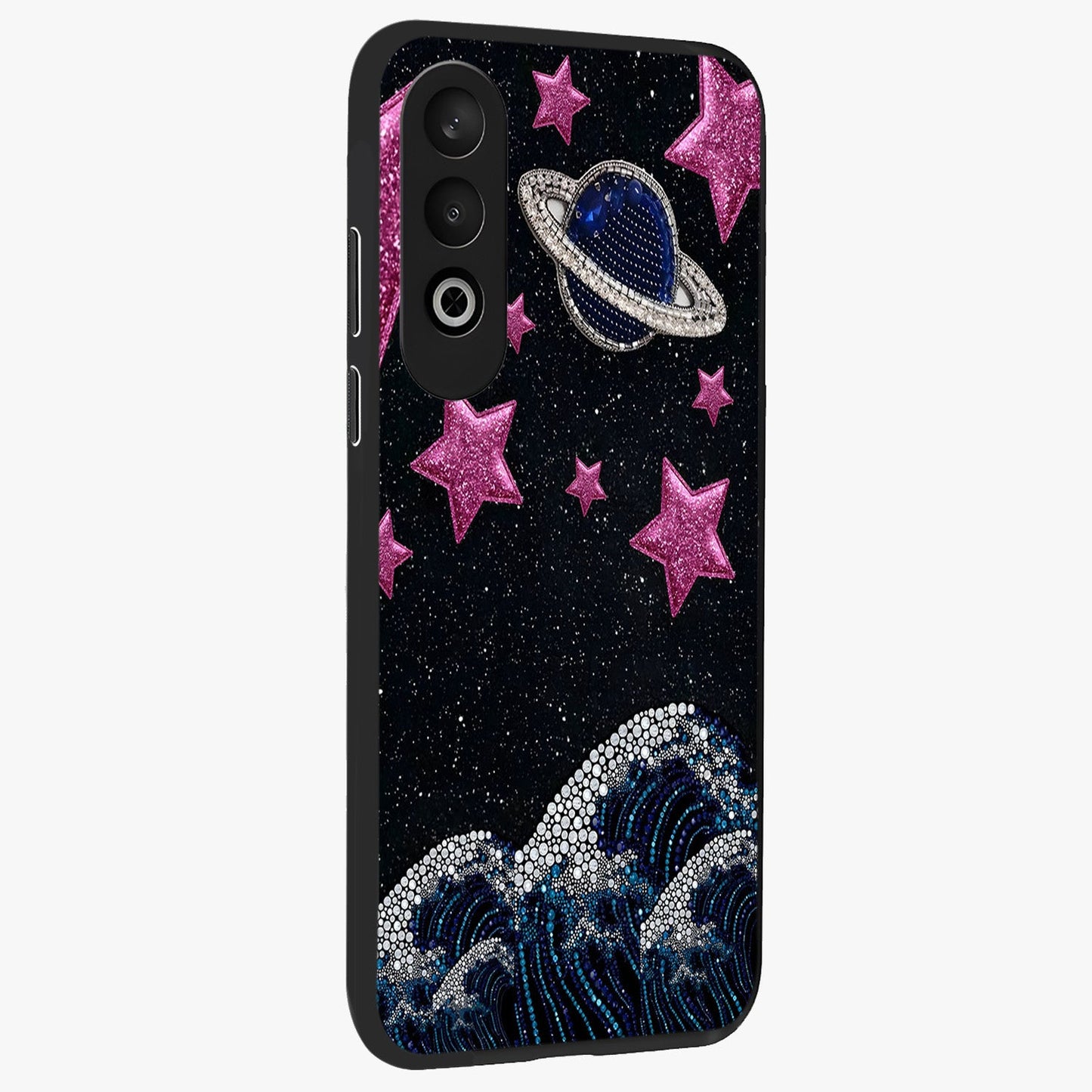 Saturn Pink Storm Glass Case for 1+Nord CE 4 side perspective highlighting planetary textures and premium edges