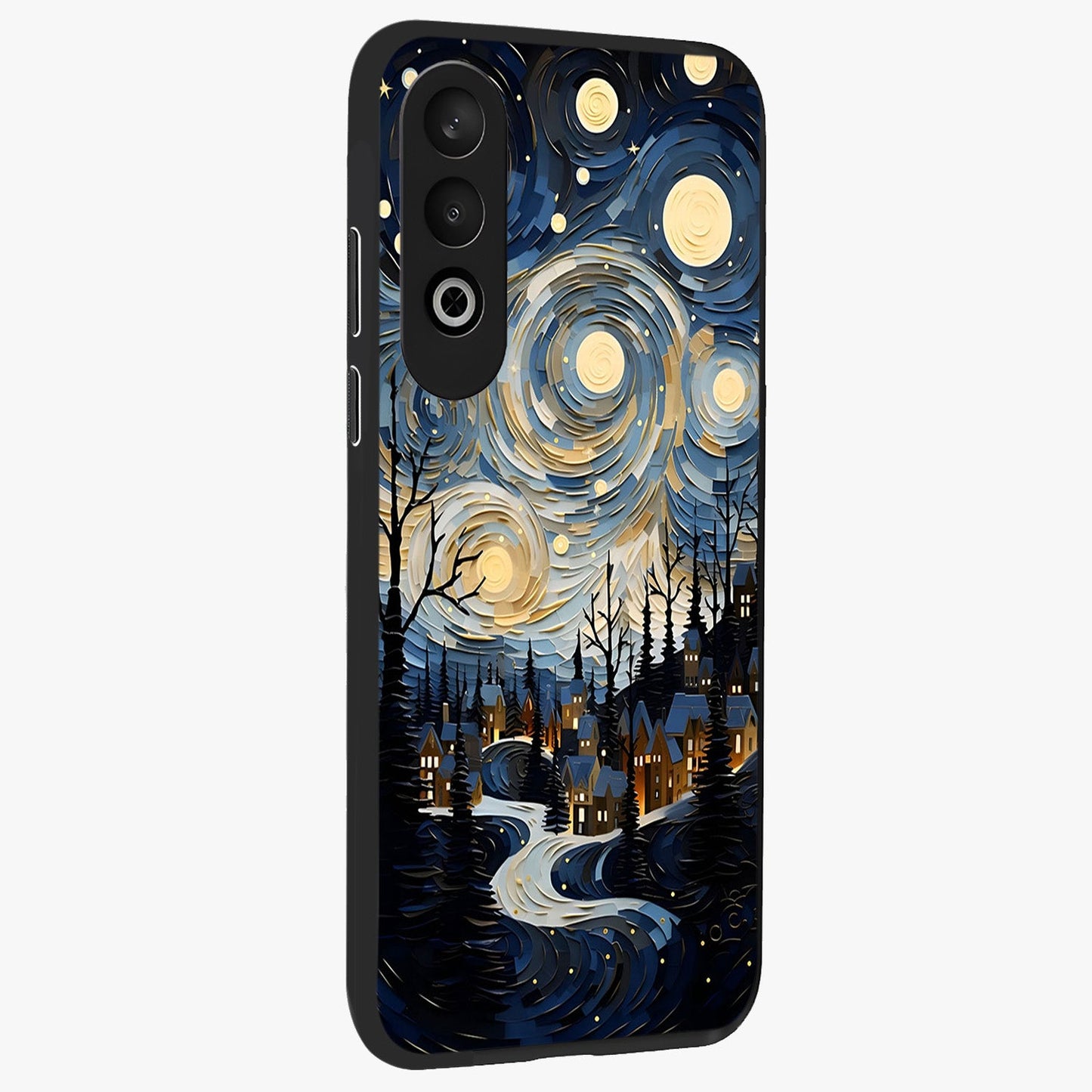 Starry Winter Town Glass Case for 1+Nord CE 4 side perspective highlighting serene landscape textures and premium edges