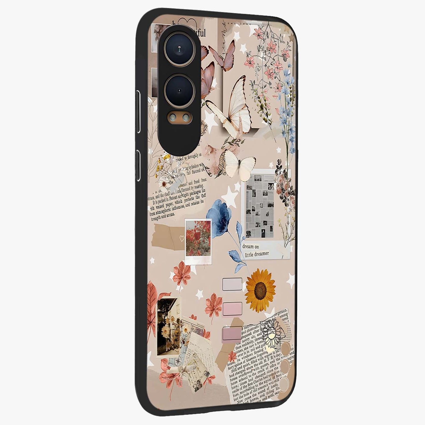 Aesthetic Butterfly Glass Case for 1+Nord CE 4 Lite side perspective highlighting premium edges and butterfly illustration