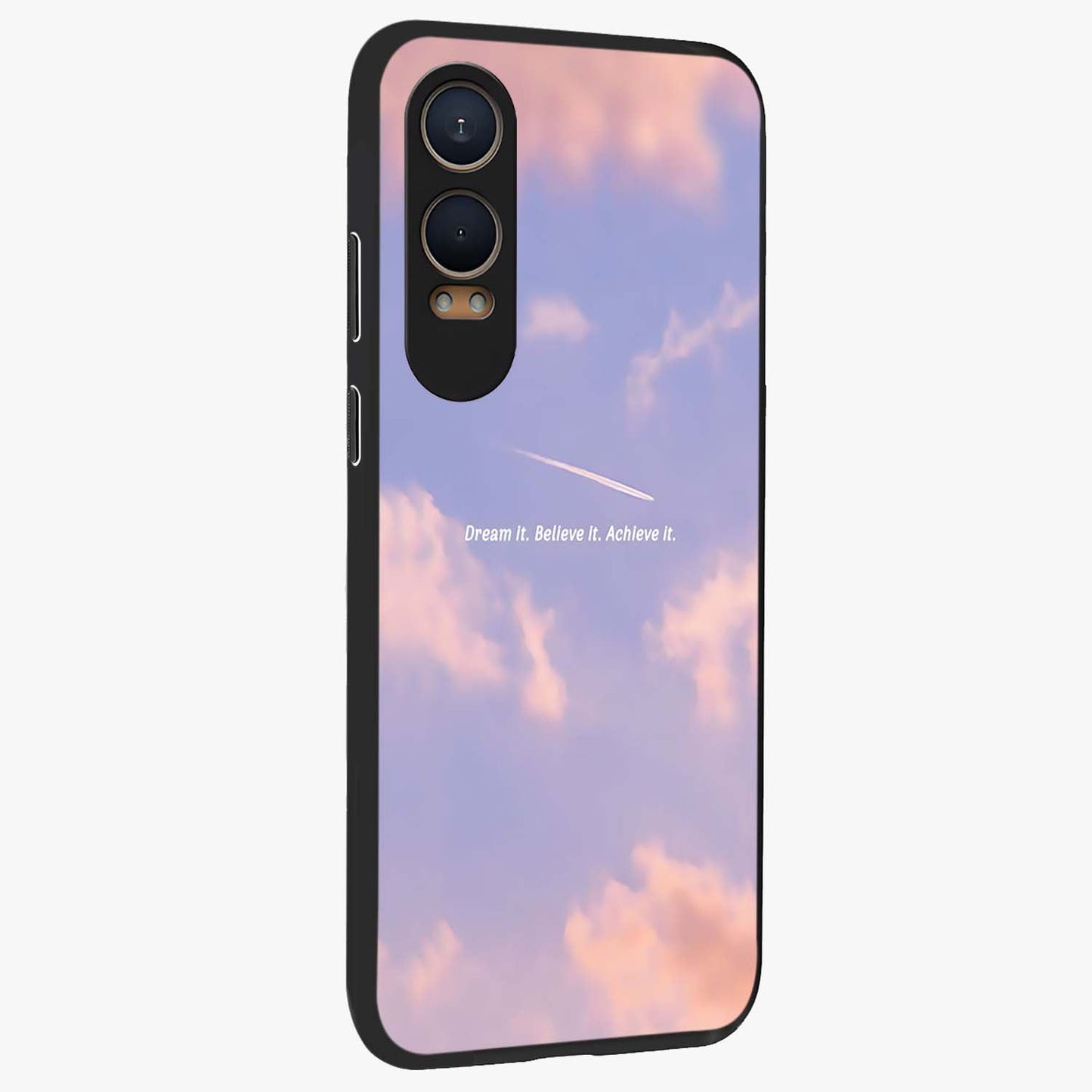 Aesthetic Clouds Dream Glass Case for 1+Nord CE 4 Lite side perspective highlighting smooth edges and dreamy cloud details