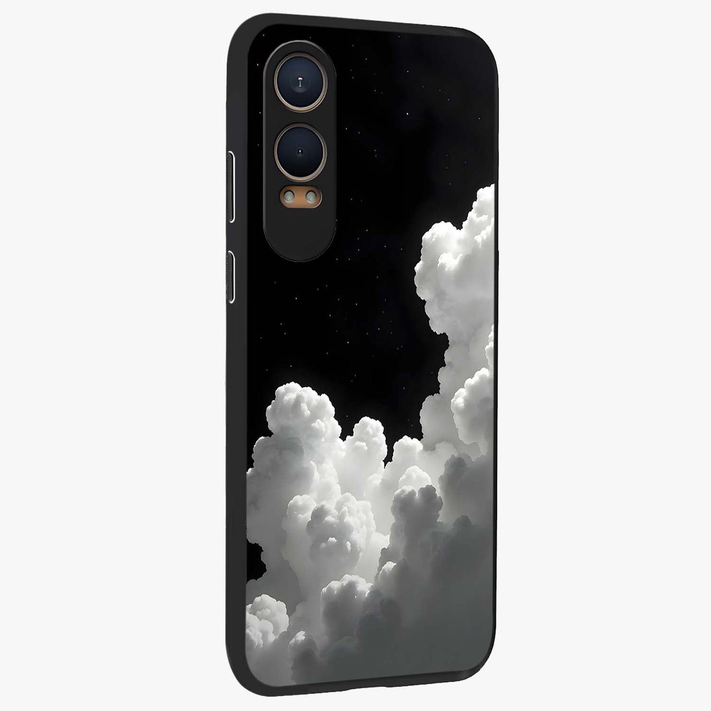 Black Background With White Cloud Glass Case for 1+Nord Ce 4 Lite side perspective highlighting smooth edges and minimalist sky theme