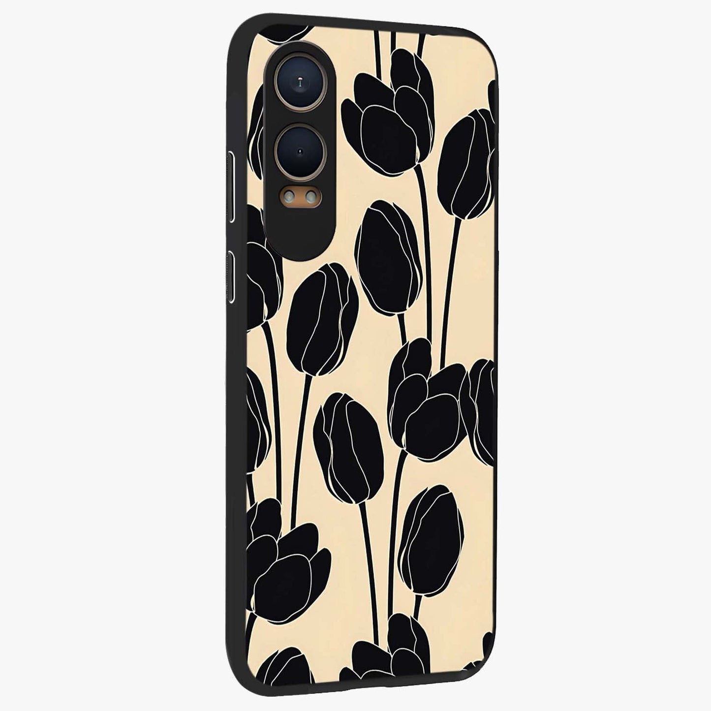 Black Designer Tulip Glass Case for 1+Nord CE 4 Lite side perspective highlighting bold contrast and stylish tulip illustration
