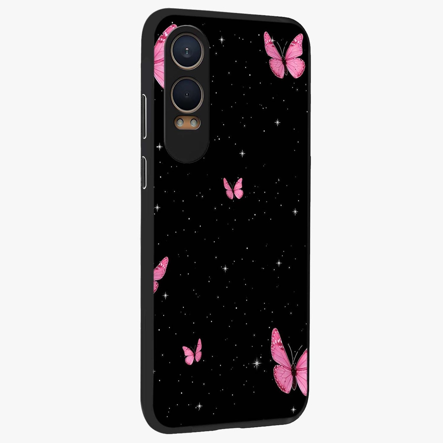 Blinking Butterfly Glass Case for 1+Nord Ce 4 Lite displayed upright for graceful aesthetic visibility and premium finish.